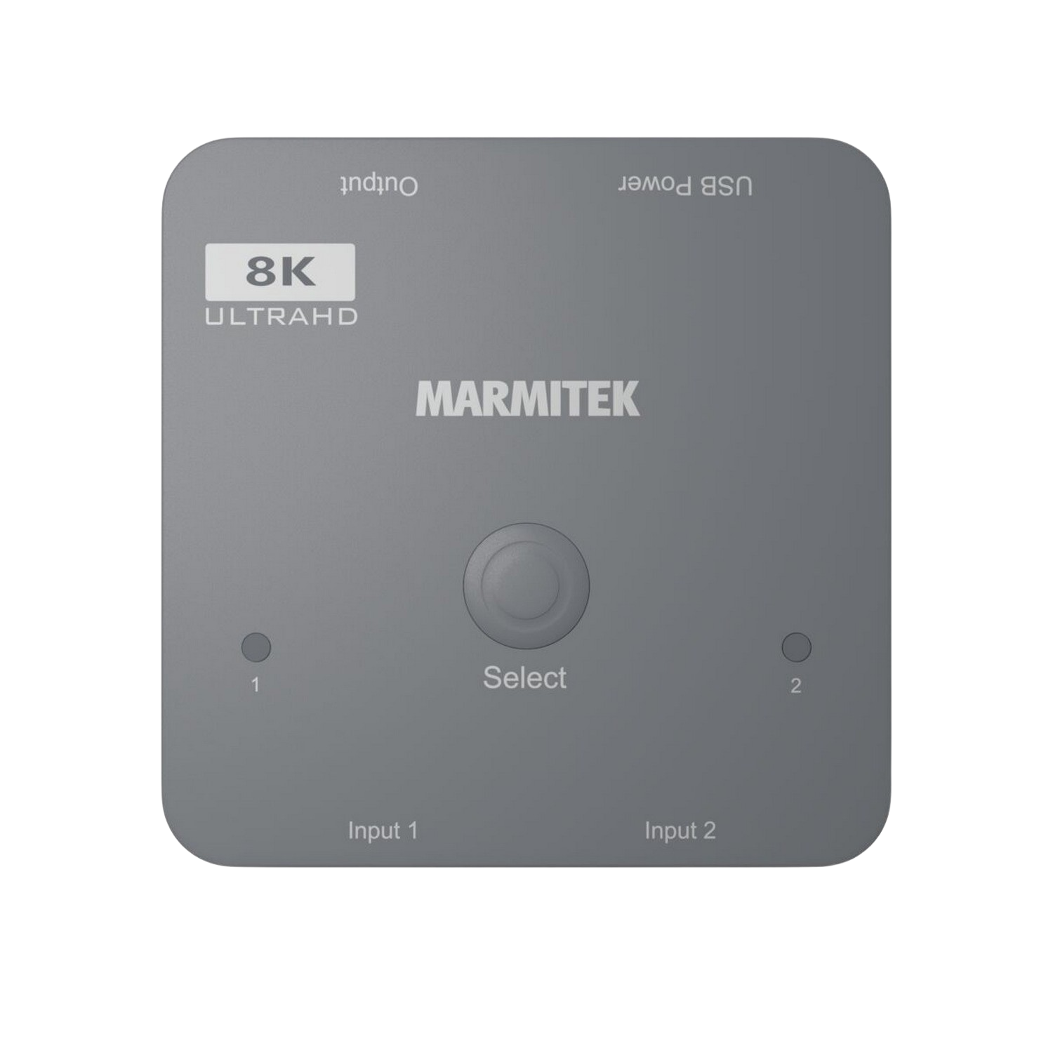 Switch video 8K Ultra HD grigio con logo Marmitek, pulsante di selezione e porte di ingresso/uscita.