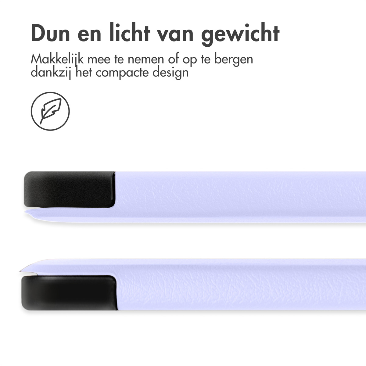 Coque de téléphone violet clair avec un dessus noir. Texte : Dun en licht van gewicht.