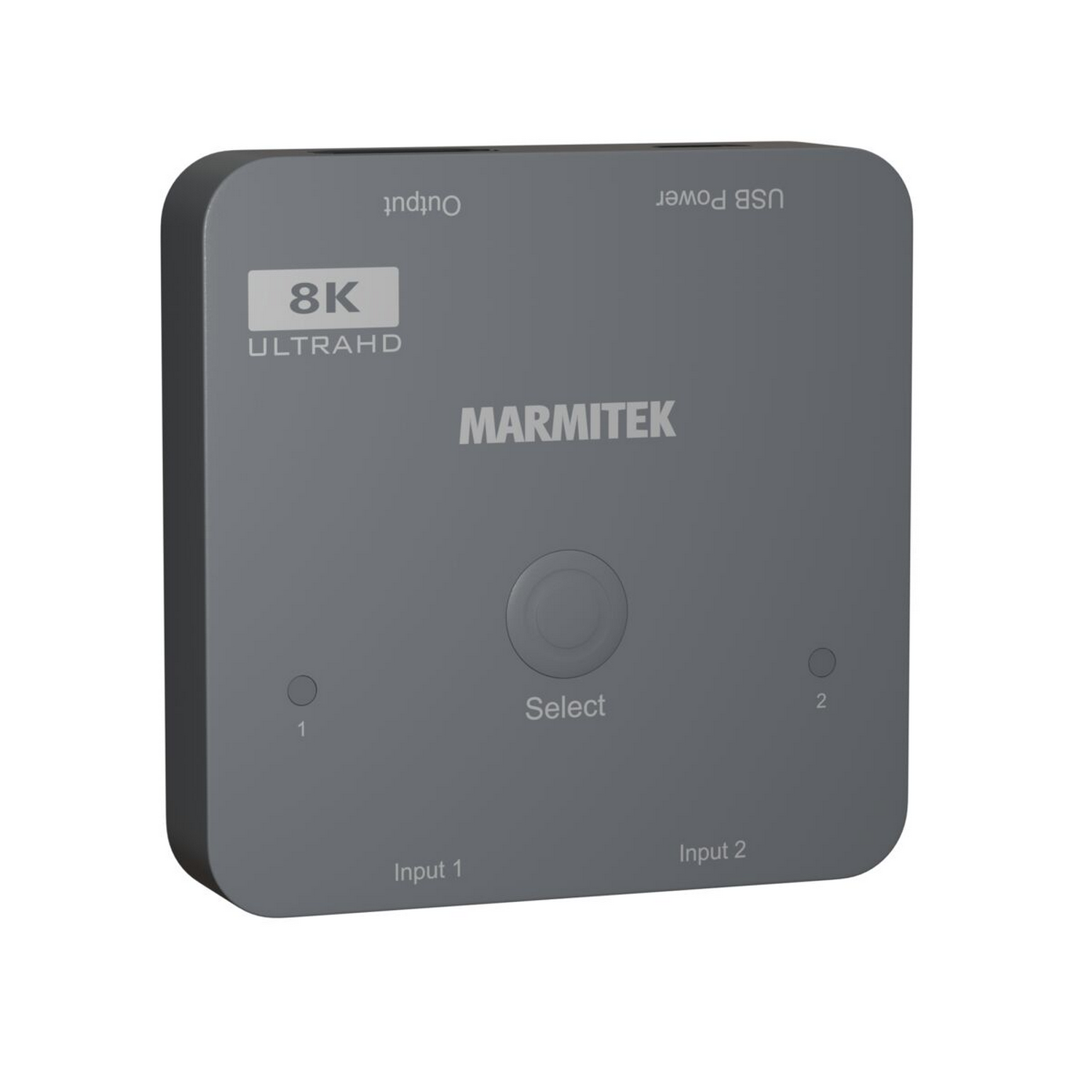 Uno switcher video quadrato e grigio con porte di ingresso e di uscita e un pulsante di selezione.