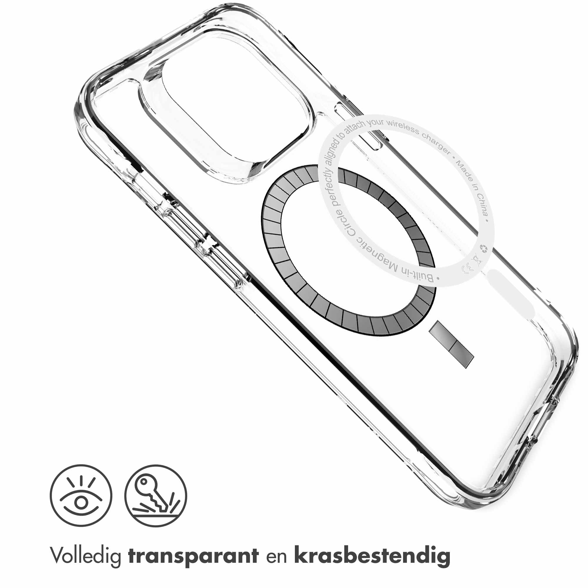 Custodia trasparente per telefono con cerchio magnetico per ricarica wireless.