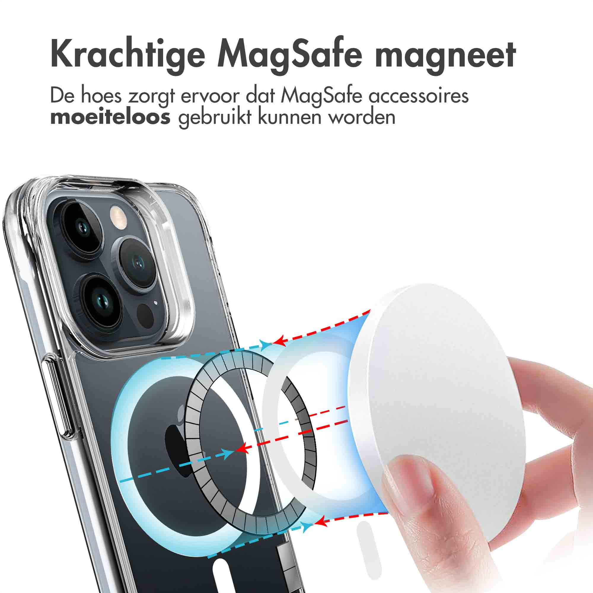 Una custodia per telefono con un telefono all'interno. Un caricatore magnetico bianco è vicino. Mostra i magneti MagSafe e la ricarica.