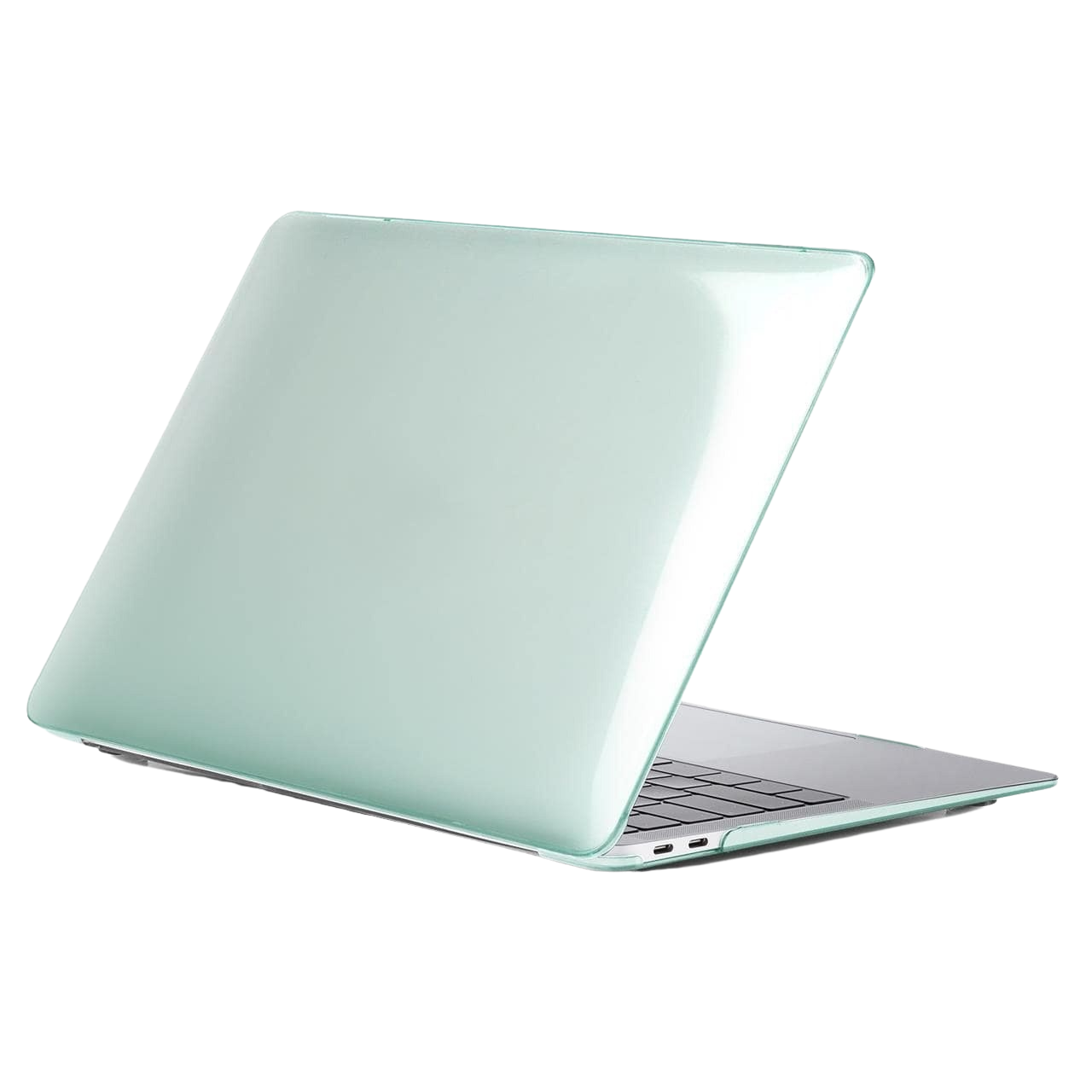 Mintgroene laptophoes, half open, op een zwarte achtergrond. Toont toetsenbord en scherm.