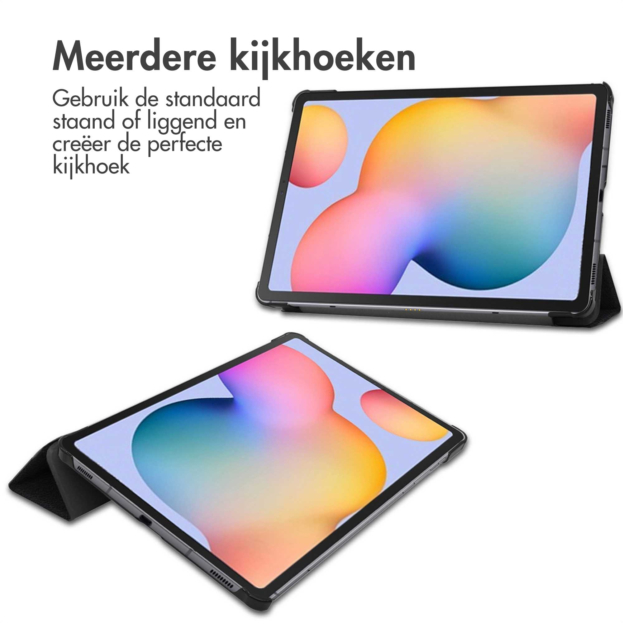 Twee tablets in hoesjes. Eén schuin, de andere plat. Tekst in het Nederlands.