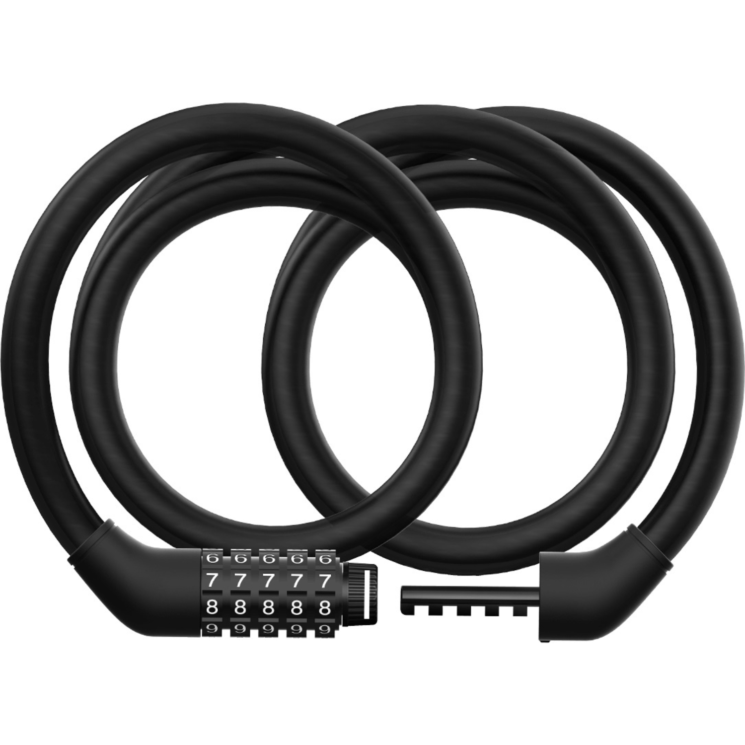 Un candado de bicicleta negro enrollado con un dial de combinación en el centro. El fondo es una superficie blanca.