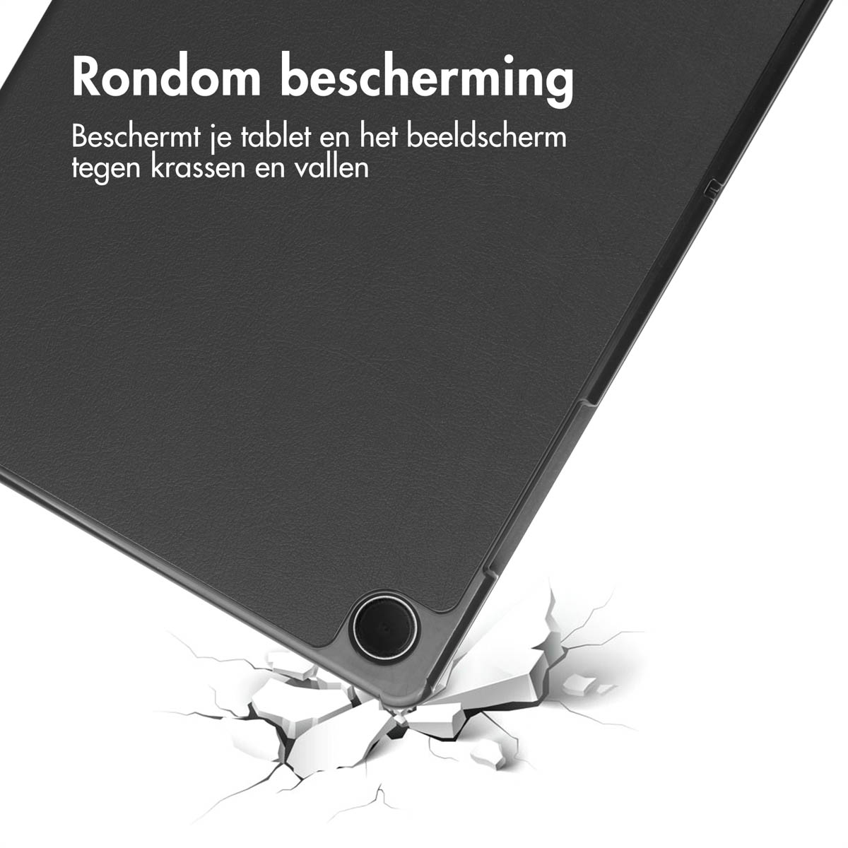 Une tablette noire reposant sur une surface, avec des fissures se formant à la suite d'un impact.