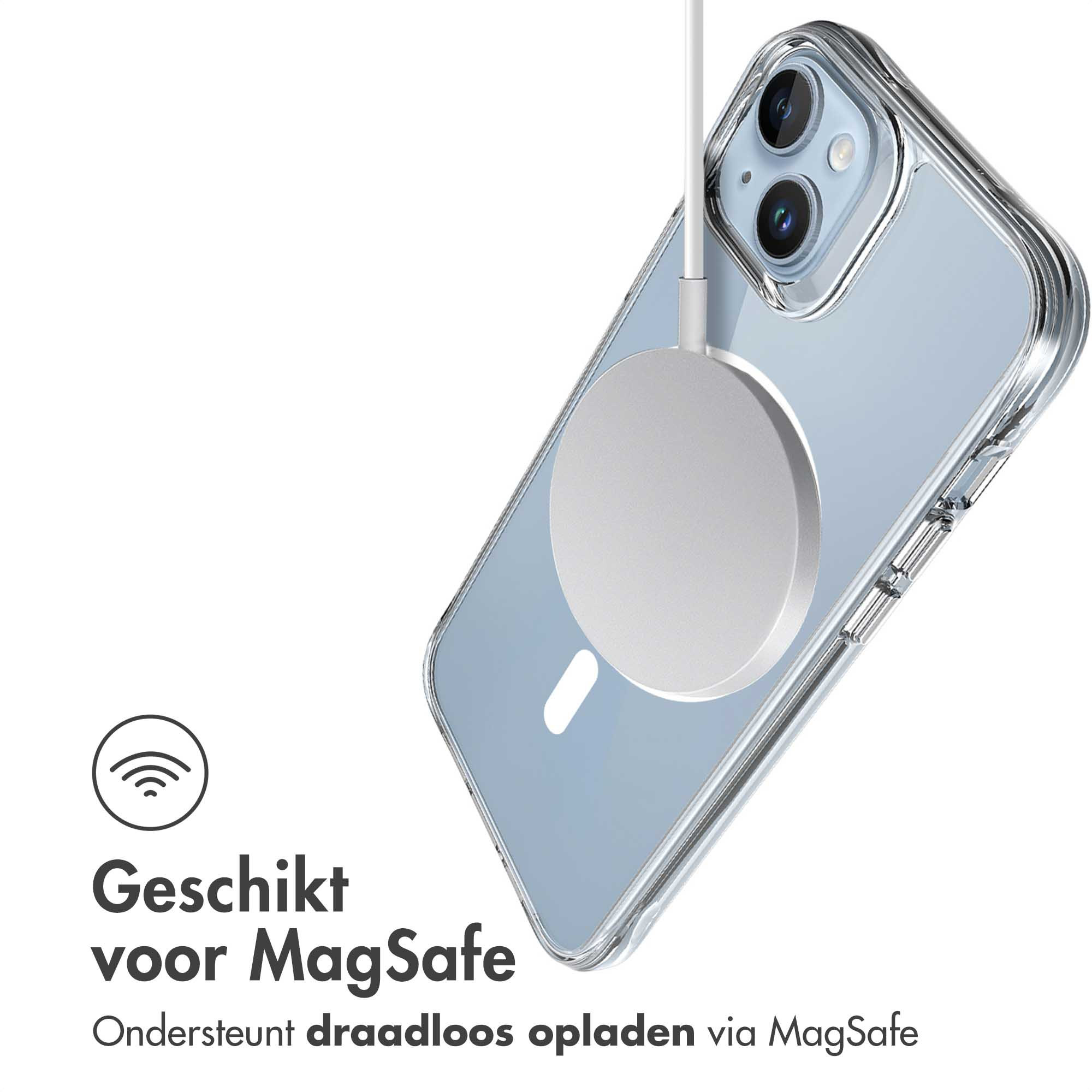 Phone in a clear case with a magsafe charger attached.