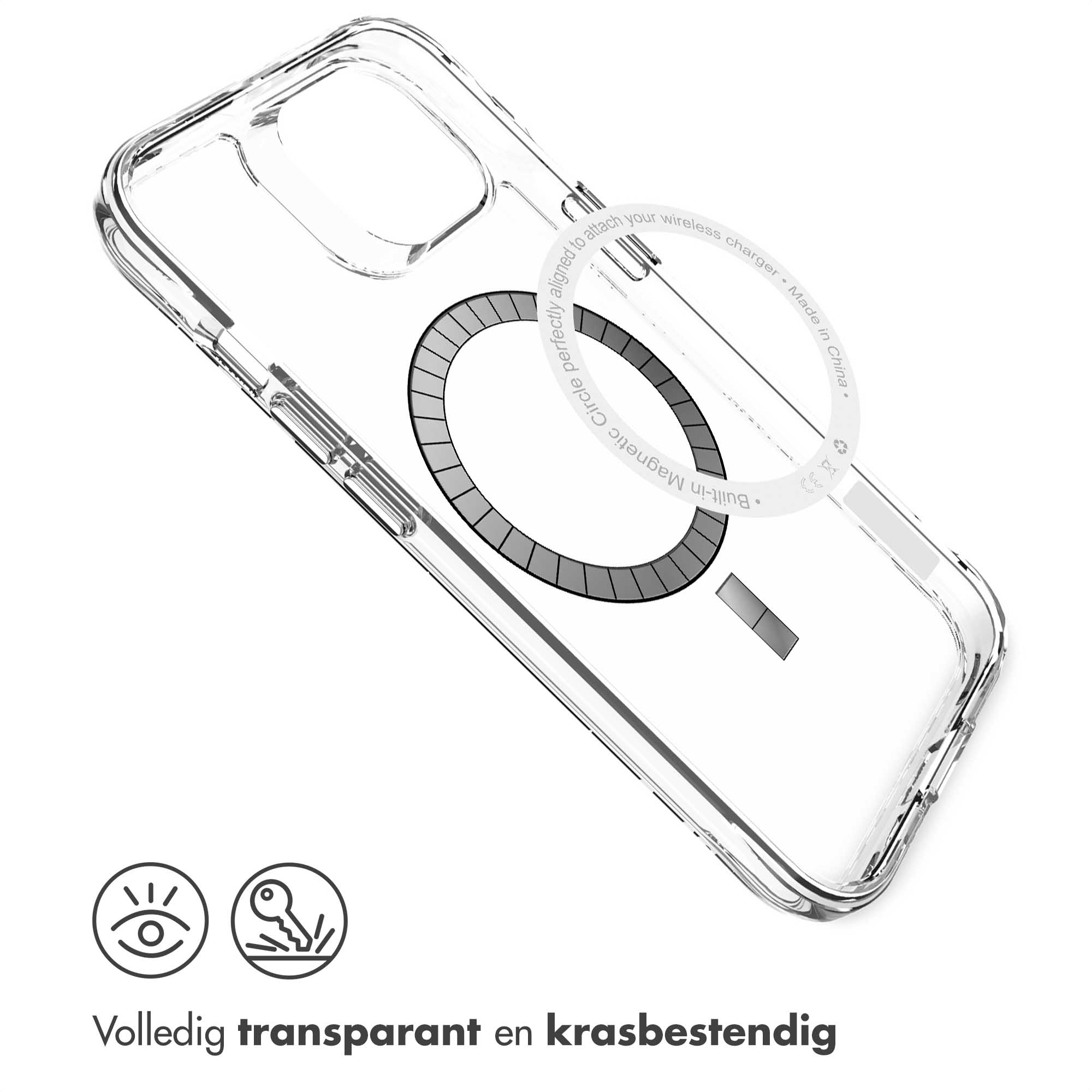 Clear phone case with magnetic circle for wireless charging.