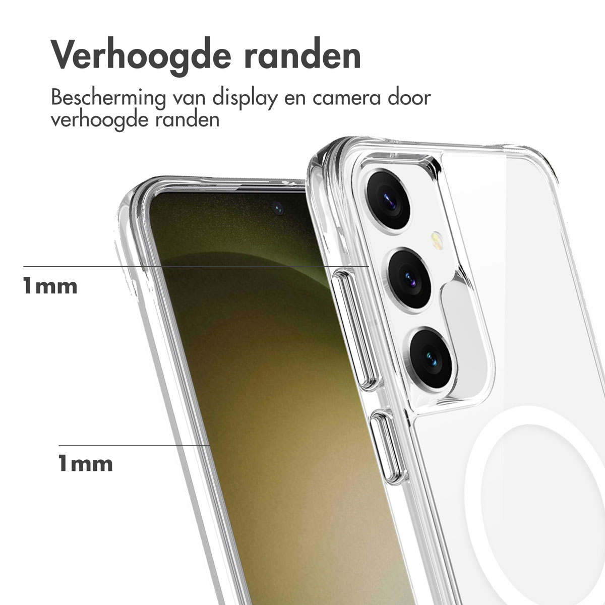 Phone case with phone inside. White circle and text: 'Verhoogde randen'.