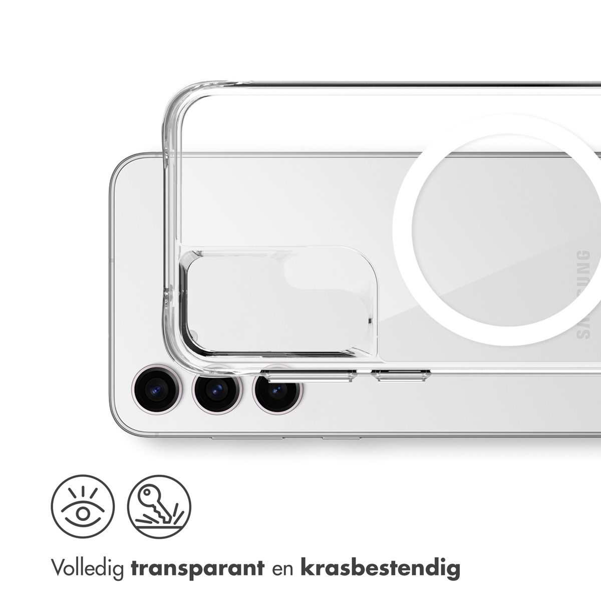 A transparent phone case with a circle for wireless charging. Text in Dutch: fully transparent and scratch-resistant.