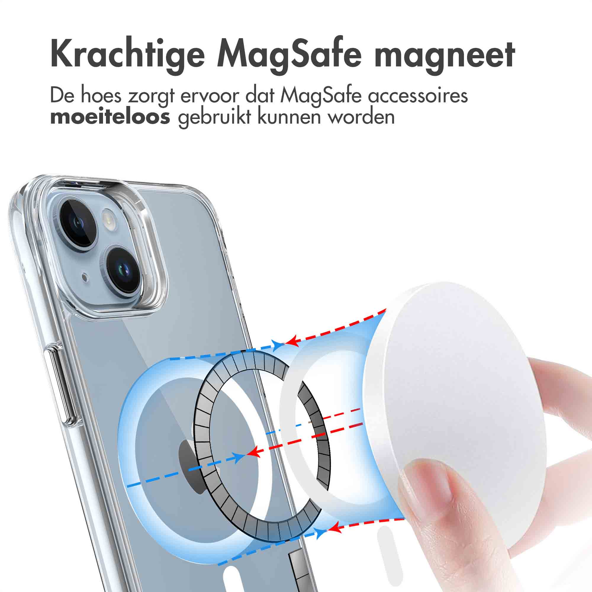 A clear phone case shows a circular magnetic ring with arrows.