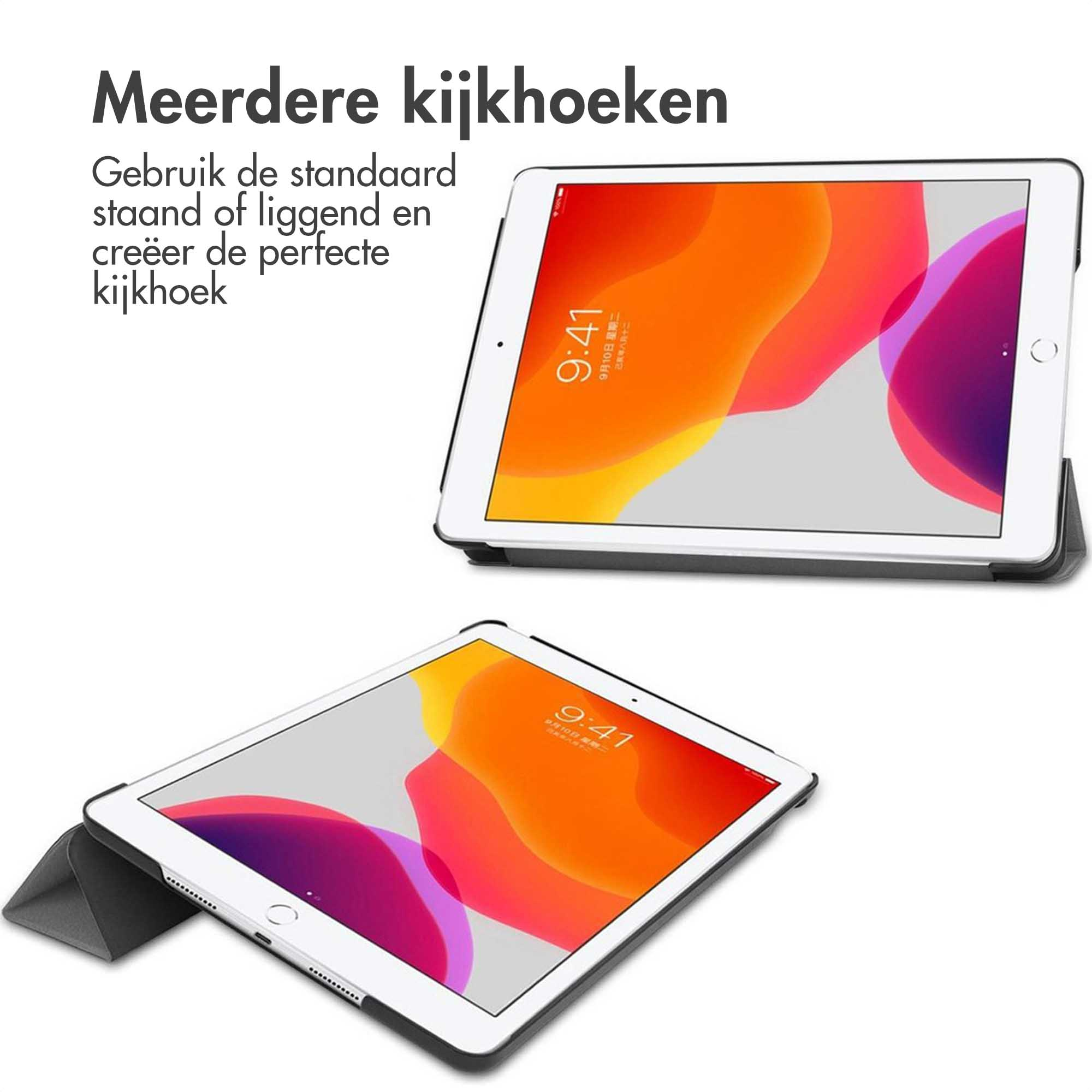 Two iPads in cases, one standing, one lying flat, showing screen.