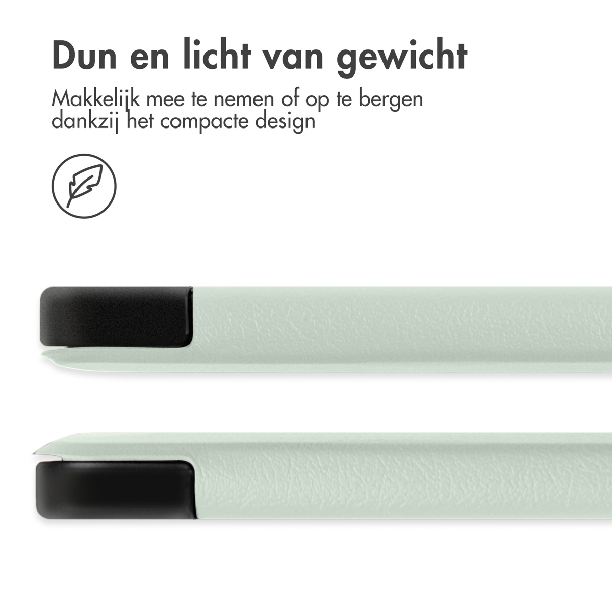 Nahaufnahme einer Handyhülle. Text: 'Dünn und leicht' und eine Grafik. Grüne Hülle.