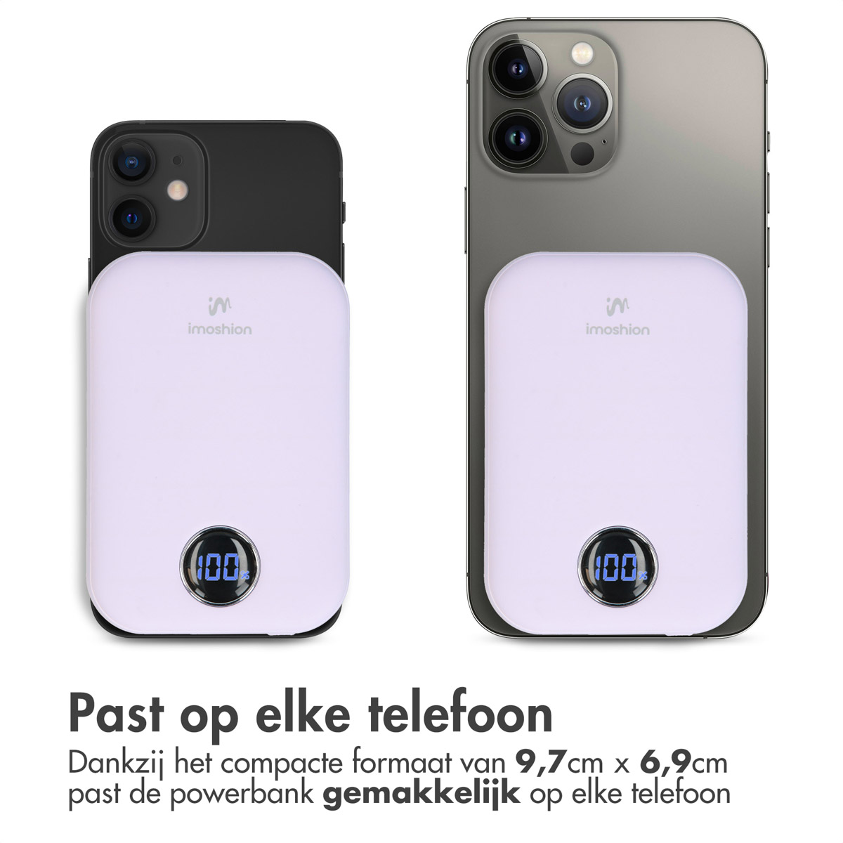 Zwei Telefone mit weißen Powerbanks. Jede Bank zeigt 100%. Text darunter: Passt auf jedes Telefon.