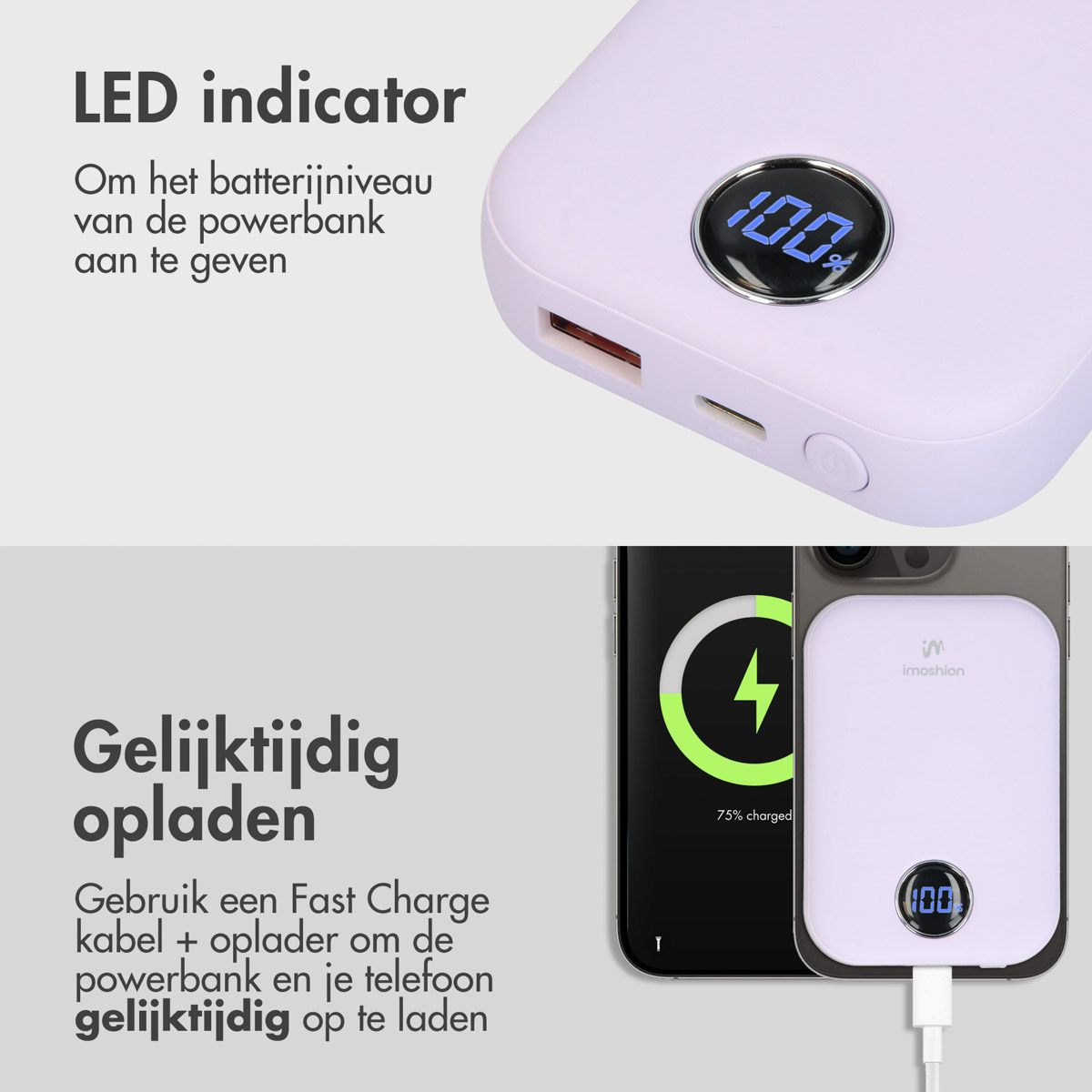 Eine weiße Powerbank mit digitaler Anzeige, die 100 % anzeigt. Ein Telefon wird aufgeladen. Text sagt 'LED-Anzeige' und 'Gleichzeitiges Aufladen'.