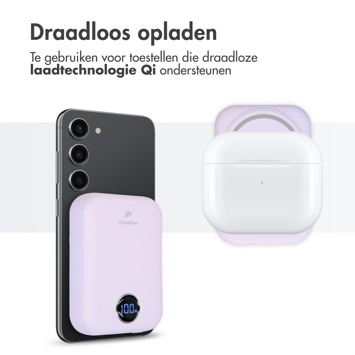 Ein Telefon und ein weißes kabelloses Ladecase befinden sich neben einem kabellosen Ladepad und einer Powerbank.