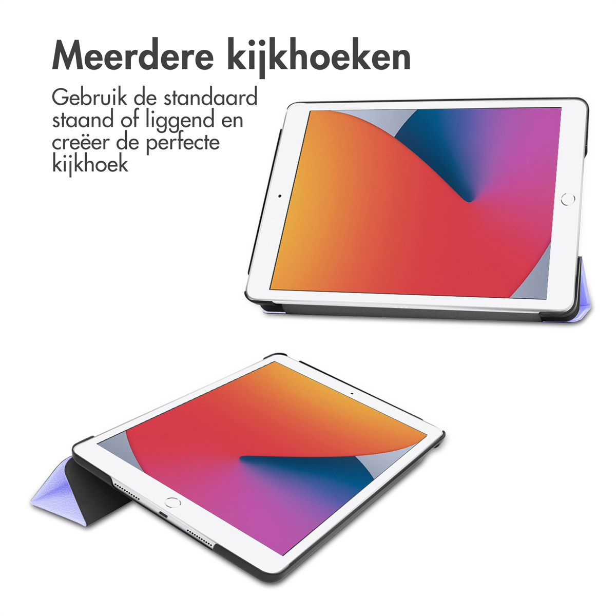 Two tablets in a case. One is standing, the other is lying down. The case has black edges and a colorful display.