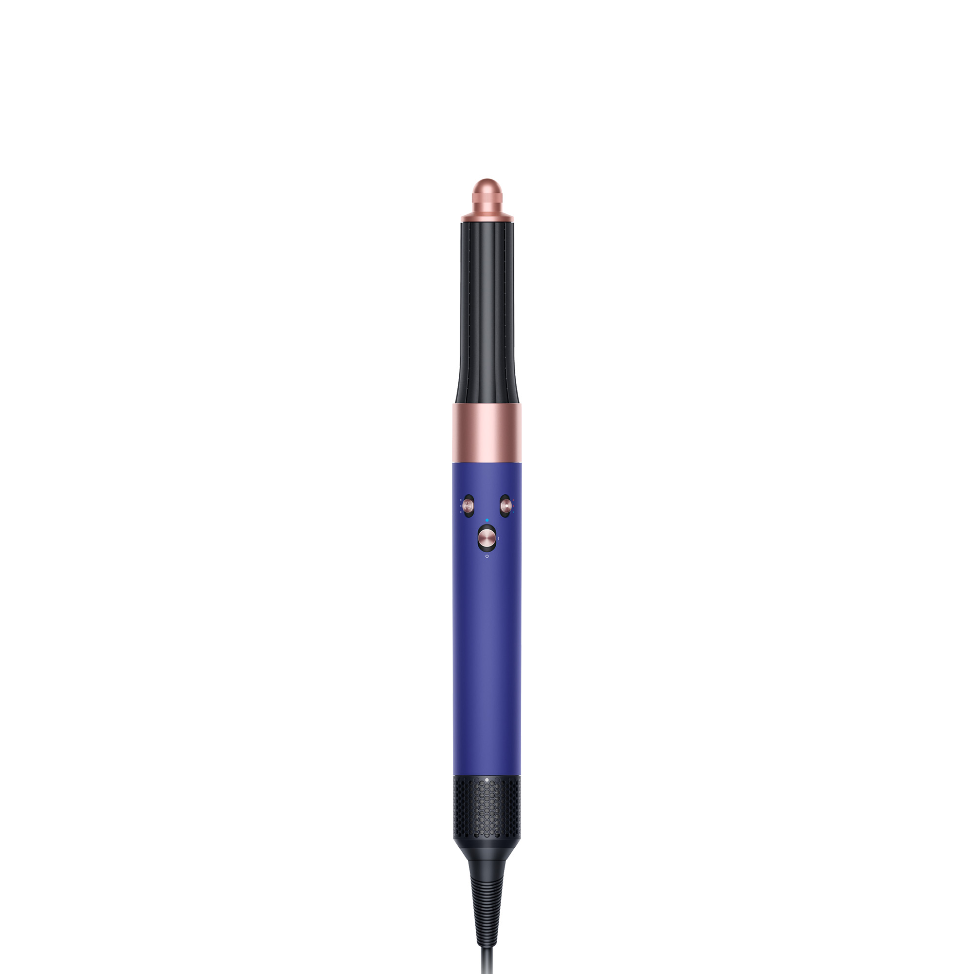 Blaues Haarstyling-Tool mit roségoldenen Akzenten. Schwarzes Kabel und weißer Hintergrund.