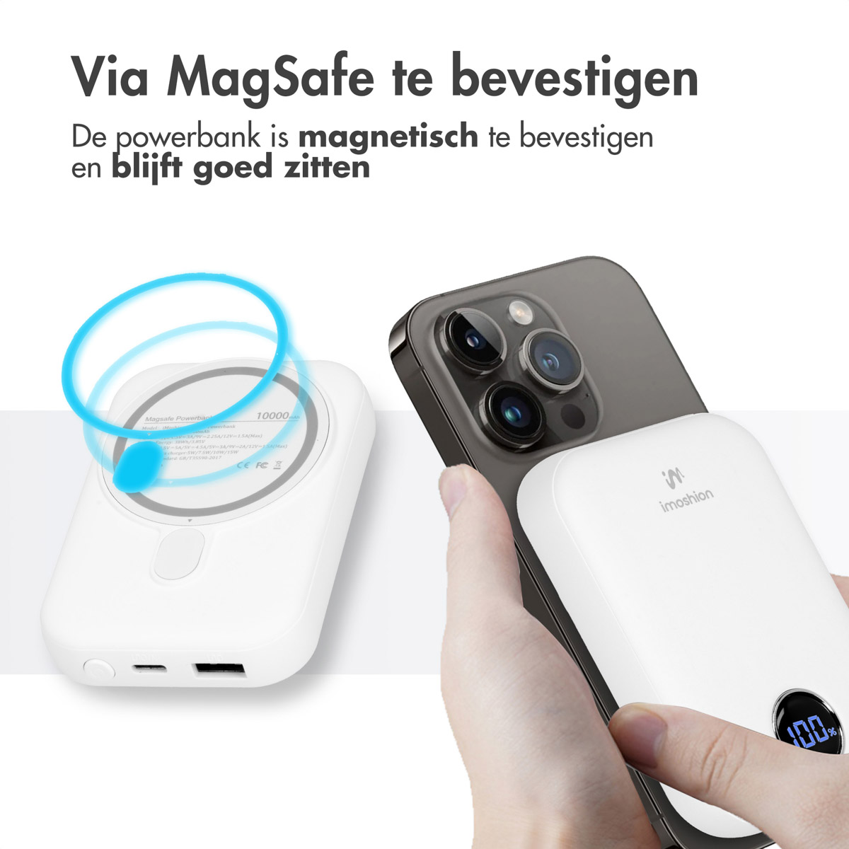 Eine weiße Powerbank ist magnetisch an einem Telefon befestigt. Das Telefon hat drei Kameras. Die Powerbank zeigt 100 % Ladung an.