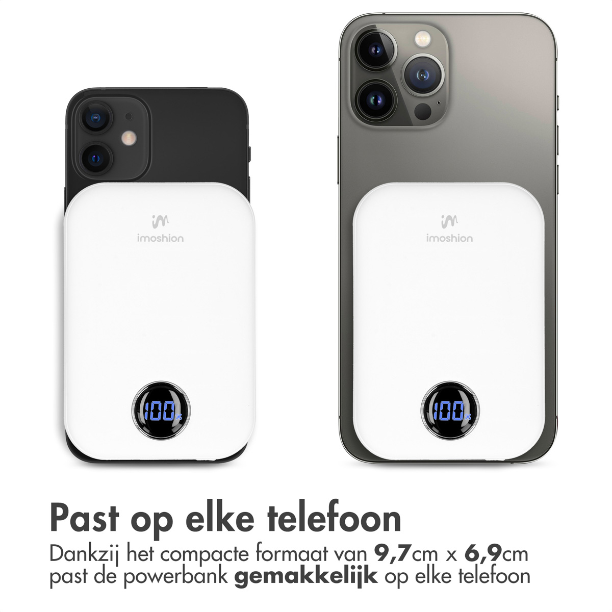 Zwei Telefone mit weißen Powerbanks. Jede Bank zeigt 100%. Der Text unten sagt: 'Passt auf jedes Telefon'.