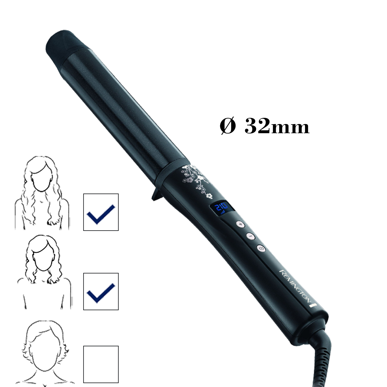 Un fer à friser noir avec un motif floral, avec des icônes de coiffure et une mesure.