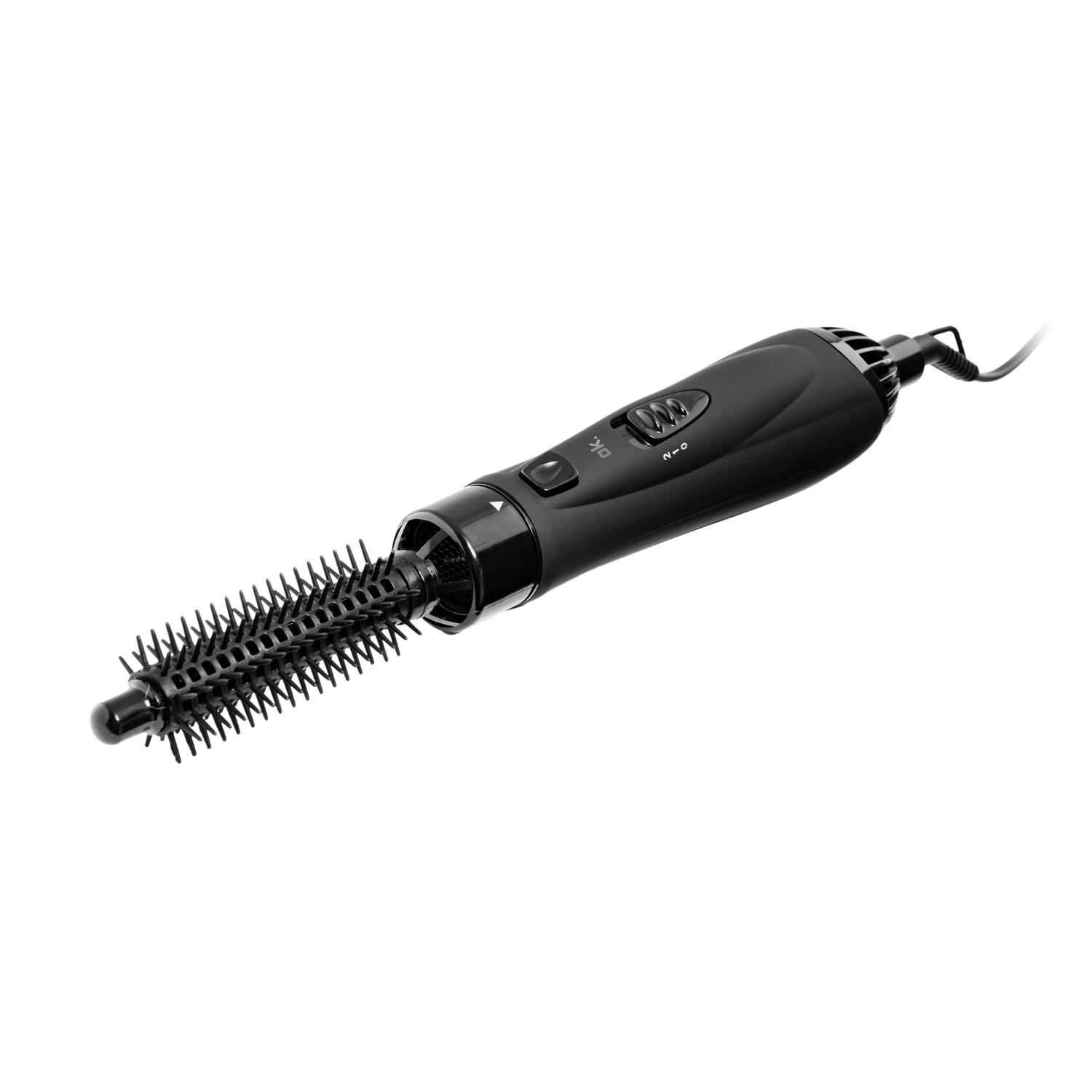 Schwarze Haarstyler-Bürste auf schwarzem Hintergrund.