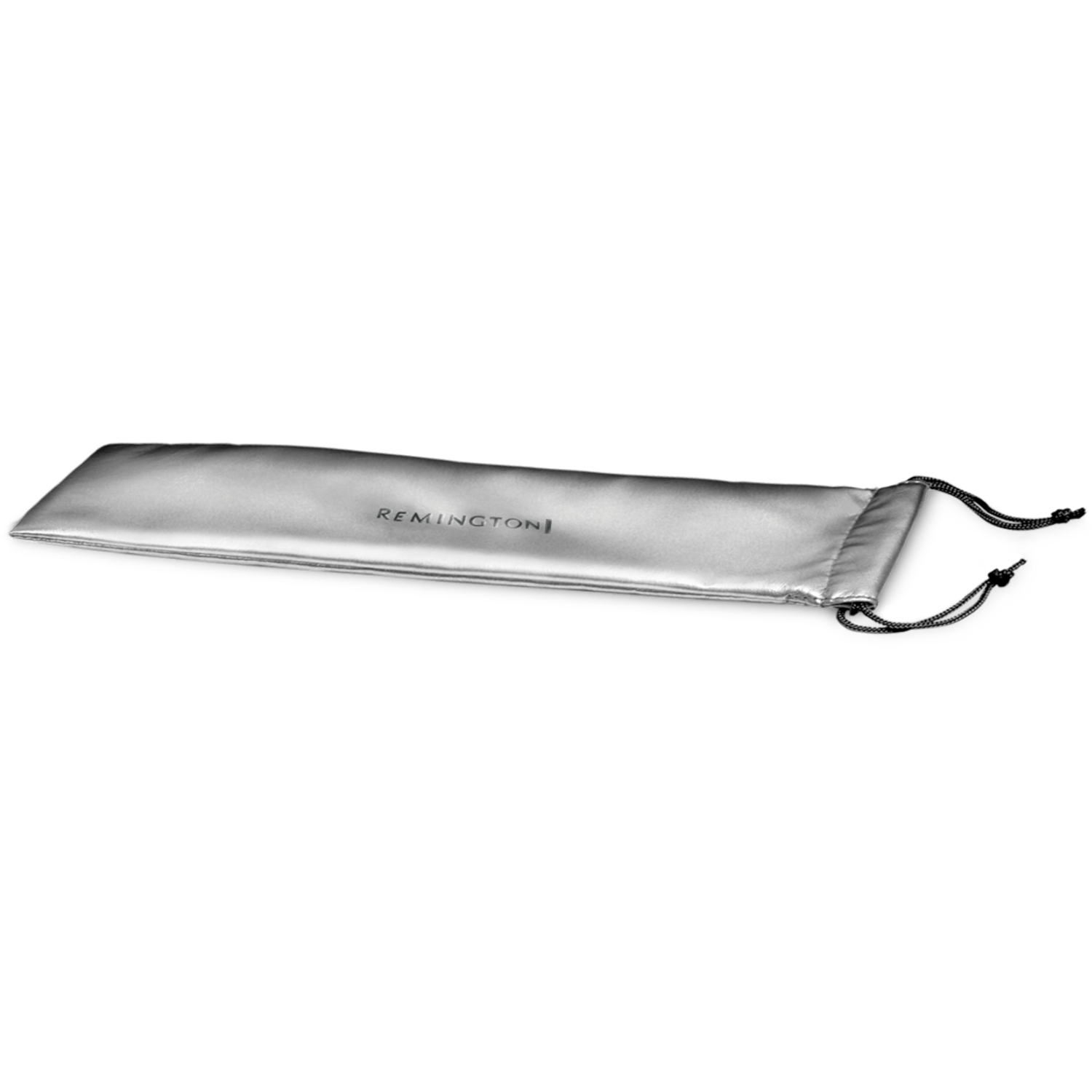 Une pochette en satin argenté avec fermeture à cordon, marquée 'Remington' en lettres noires.