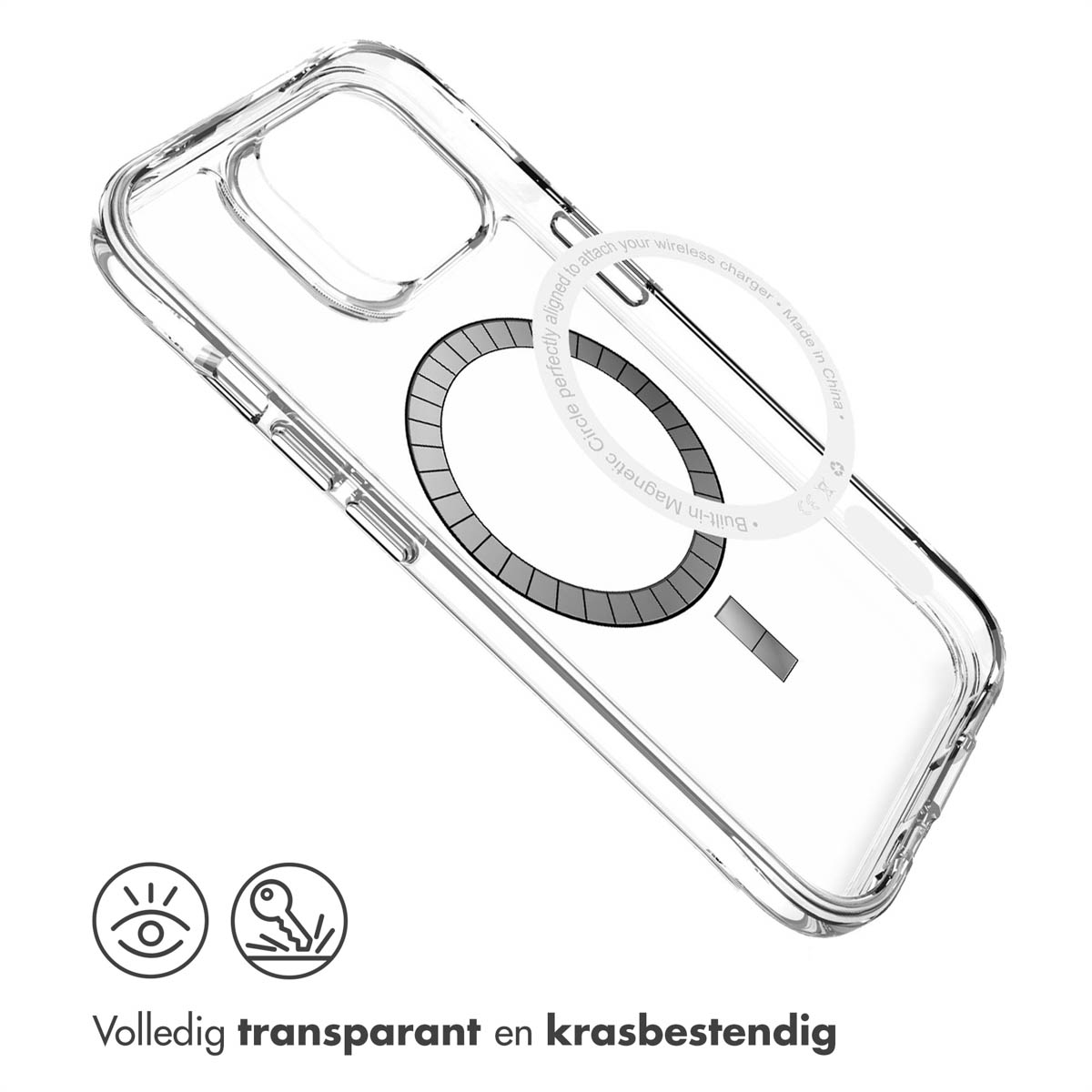 Une coque de téléphone transparente avec un cercle magnétique et du texte. La coque est transparente et résistante aux rayures. Le fond est blanc.