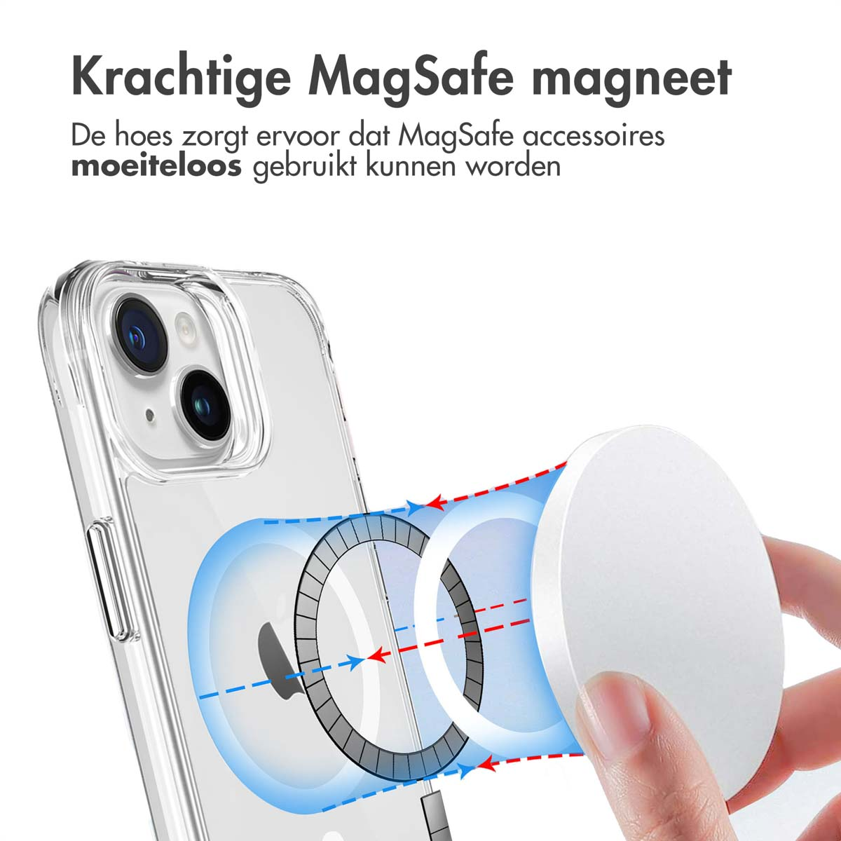 Un cercle MagSafe blanc est fixé à une coque de téléphone transparente.