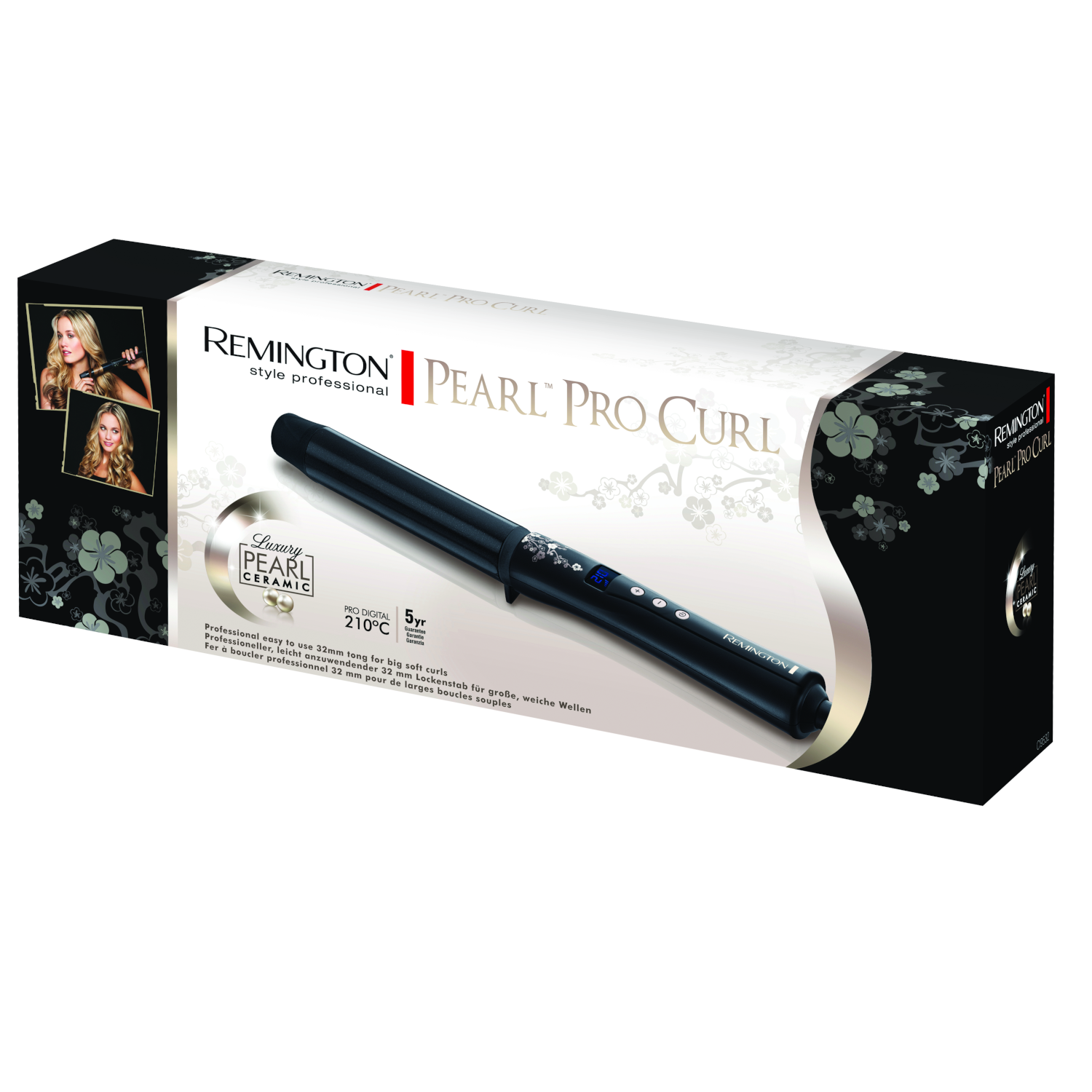 Fer à friser noir Remington Pearl Pro Curl en boîte avec design floral.