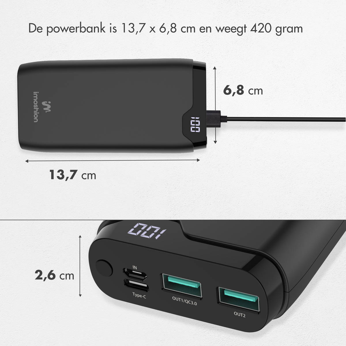 Eine schwarze Powerbank mit Abmessungen und Gewichtsangaben. Es hat Anschlüsse, ein Display mit 100% und ein angeschlossenes Ladekabel.