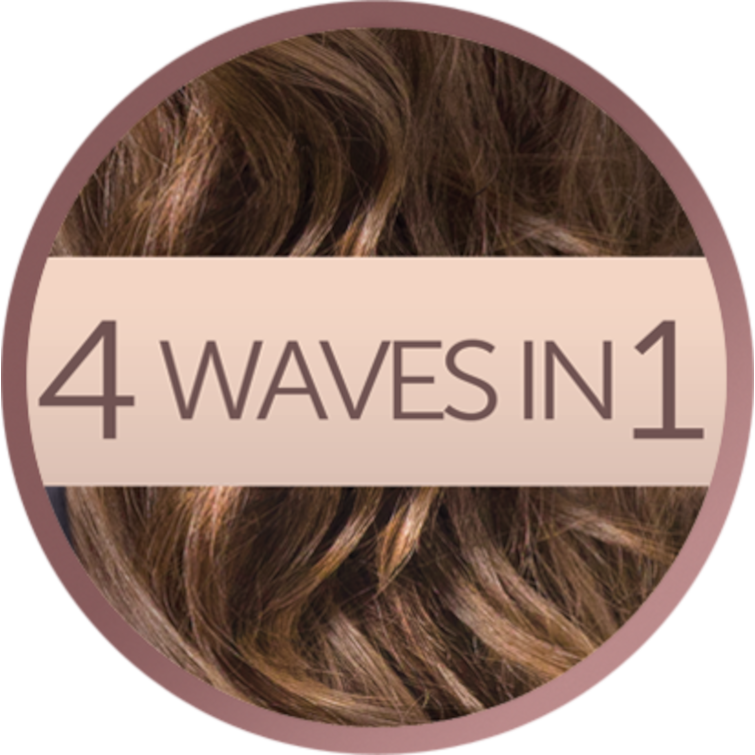 Zbliżenie na falowane włosy. Okrągły baner z tekstem: 4 FALE W 1.
