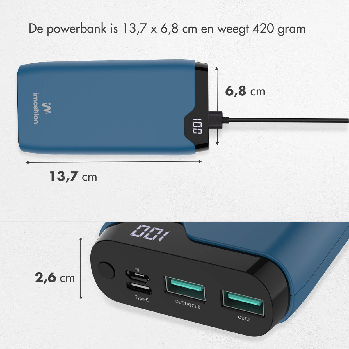 Blaue Powerbank mit digitalen Anzeigen, Maßen und Anschlüssen.