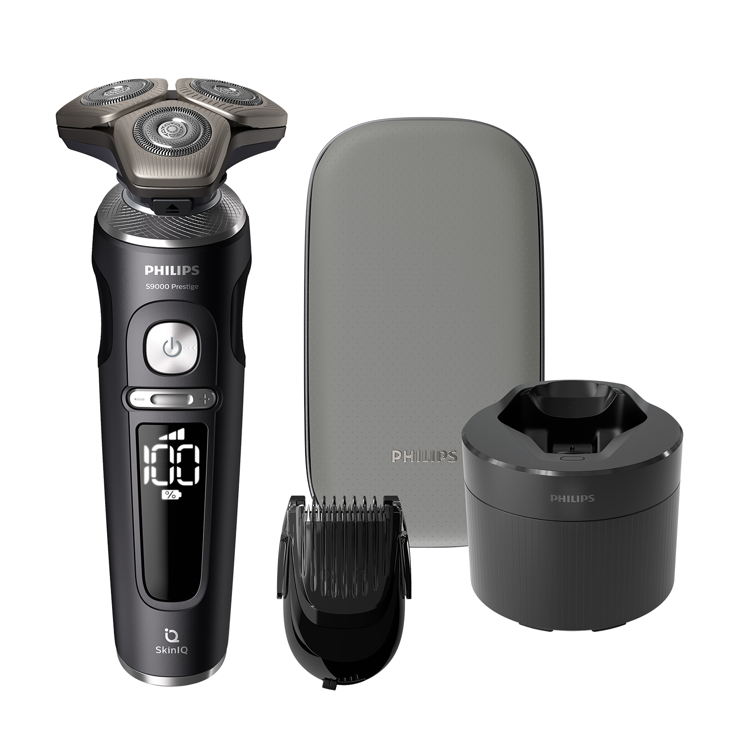 Ein schwarzer Philips S9000 Prestige Rasierer mit Zubehör. Enthält eine Ladestation und einen Trimmer.