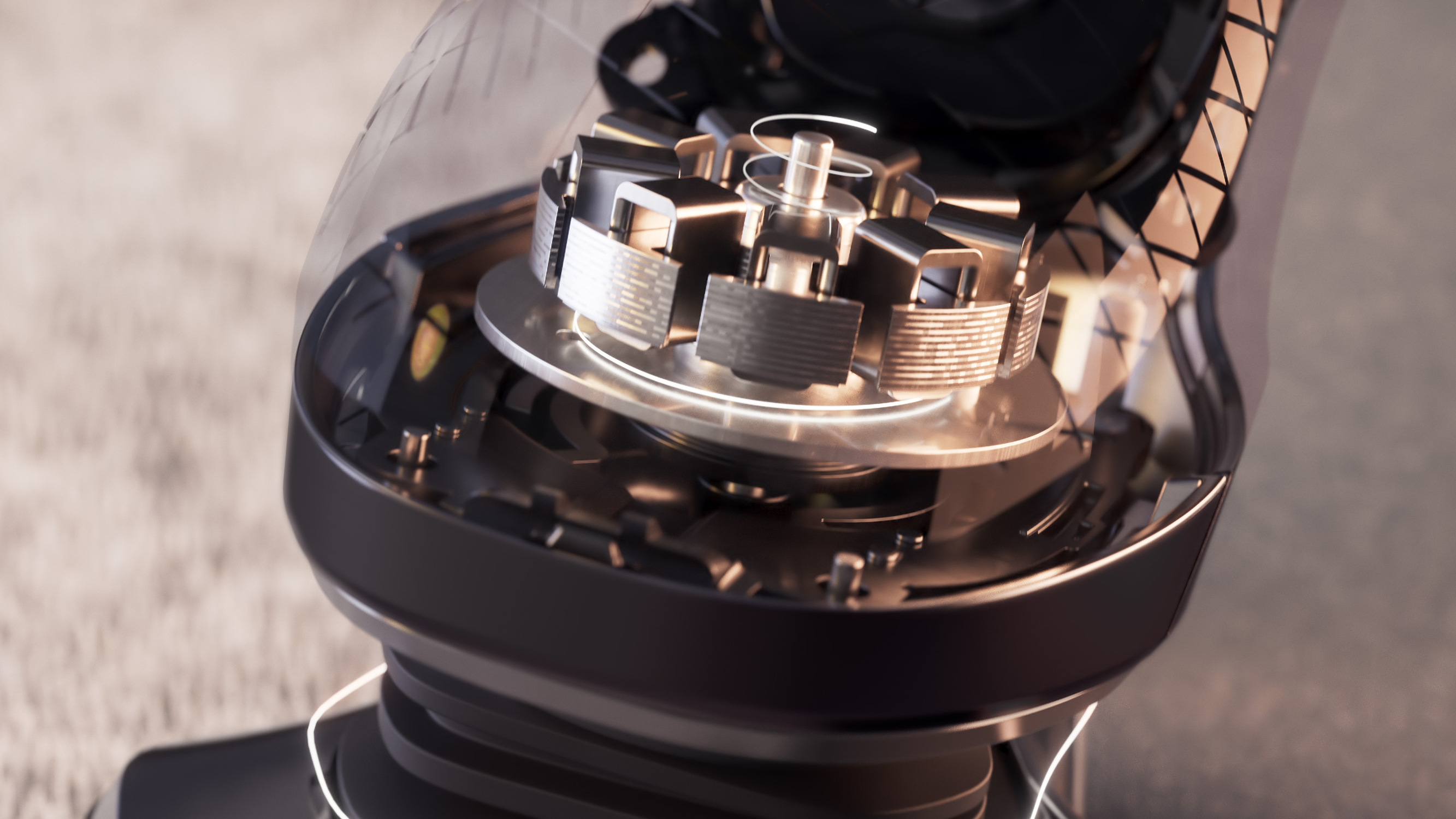 Nahaufnahme eines mechanischen Geräts mit transparentem Gehäuse, das Zahnräder und innere Komponenten zeigt.