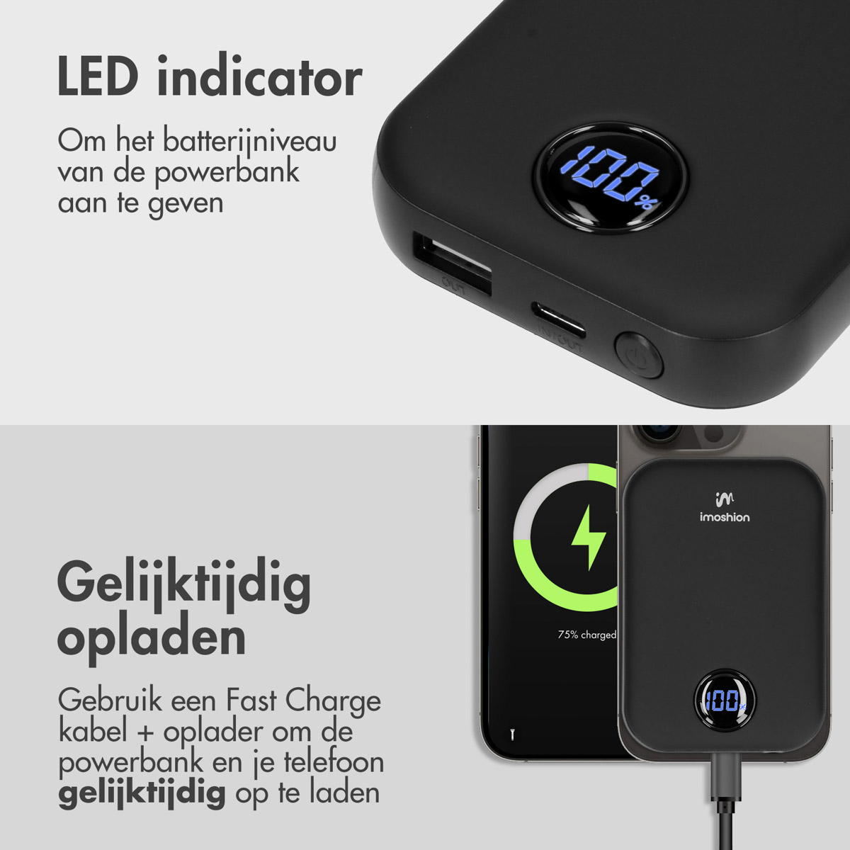 Batterie externe noire avec affichage numérique à 100 %. Un téléphone se charge, affichant un éclair et 75 % de charge.