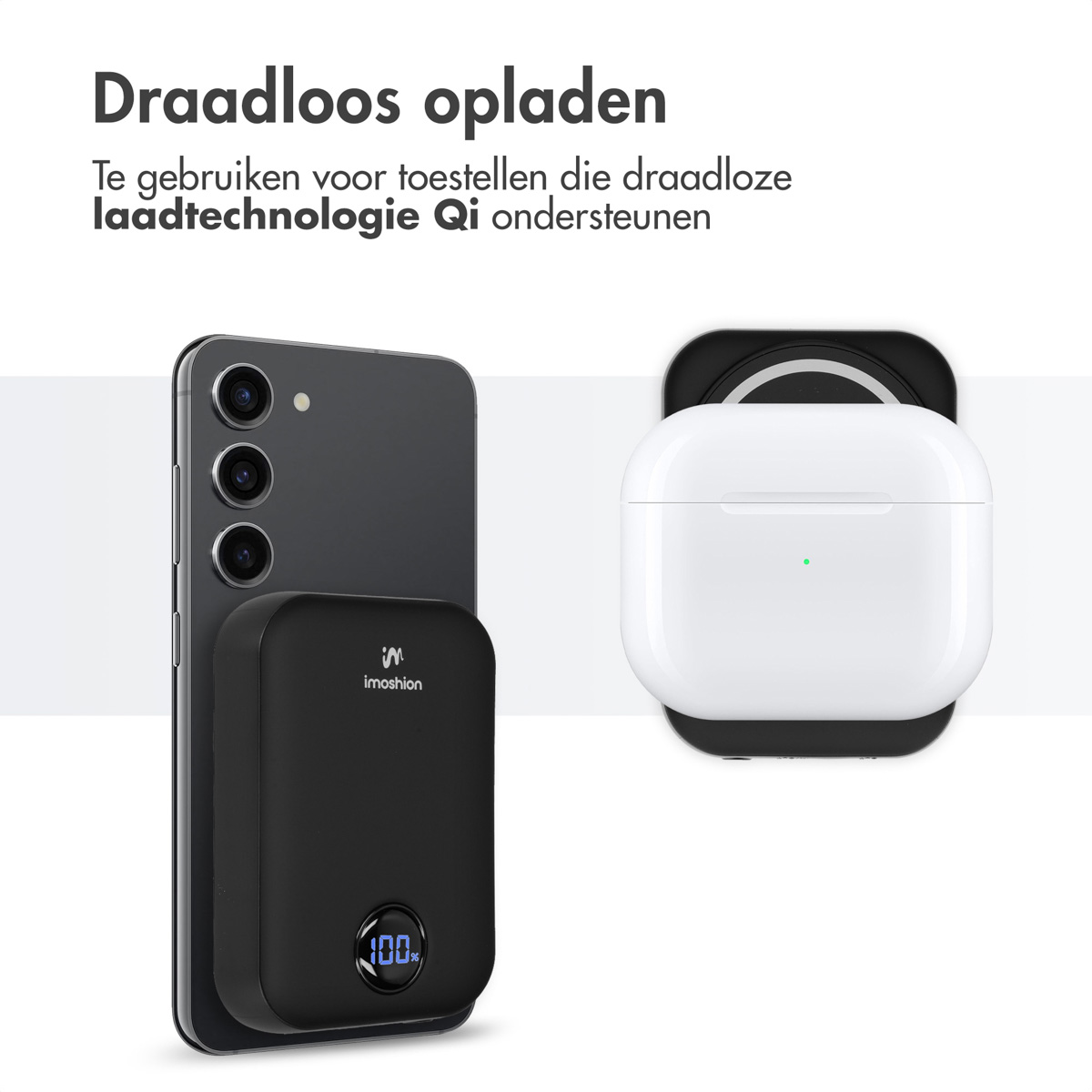 Un téléphone et une batterie externe noire sont attachés. Un étui blanc pour écouteurs repose en haut. Texte : Chargement sans fil.