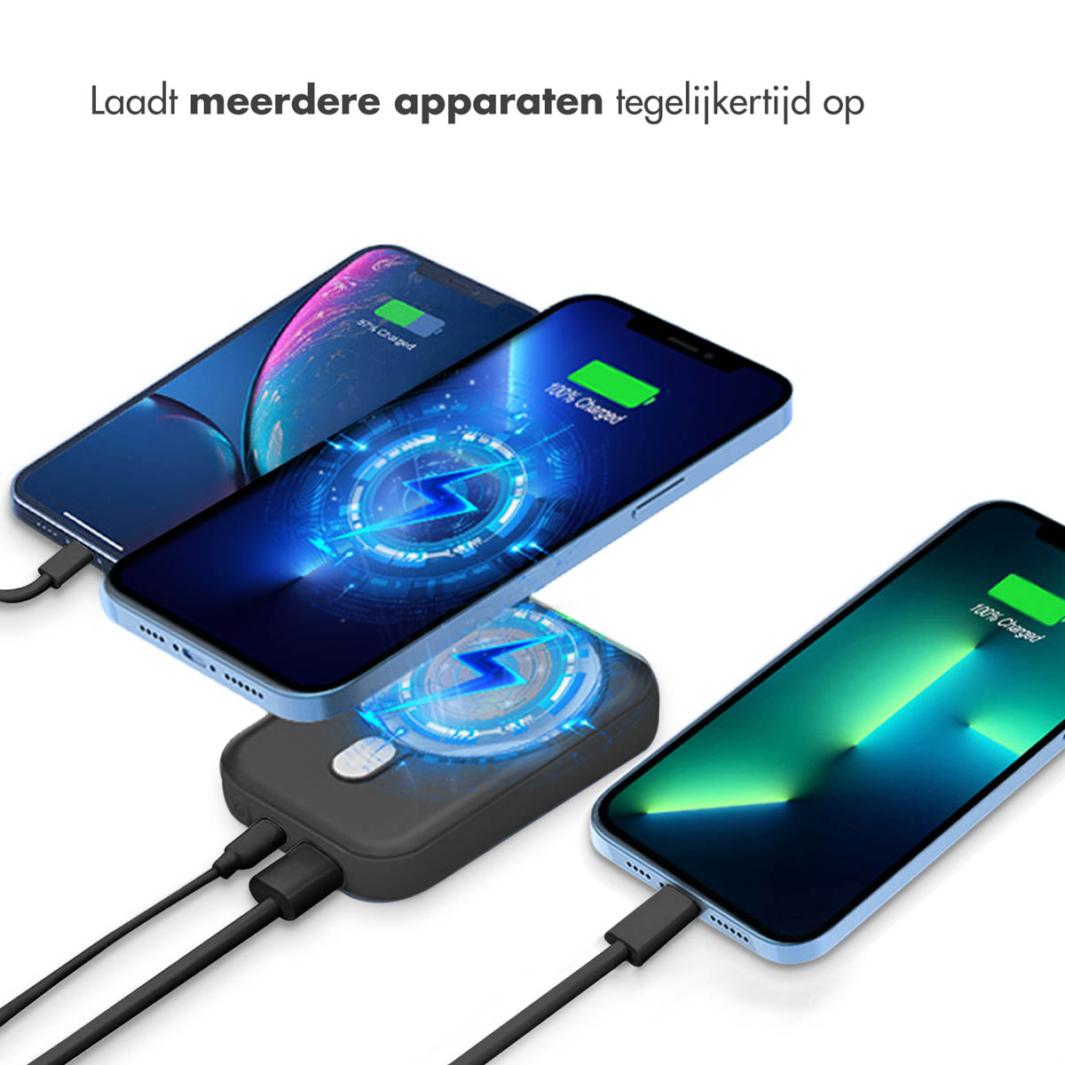 Trois smartphones se chargent sur un chargeur noir. Deux téléphones affichent 100% chargé, un 57%. Des câbles relient tous les appareils.