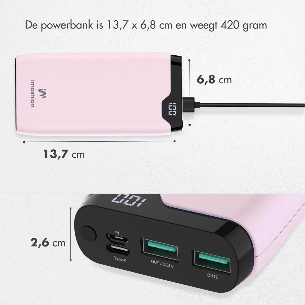 Une power bank rose affichant dimensions, ports et écran numérique.