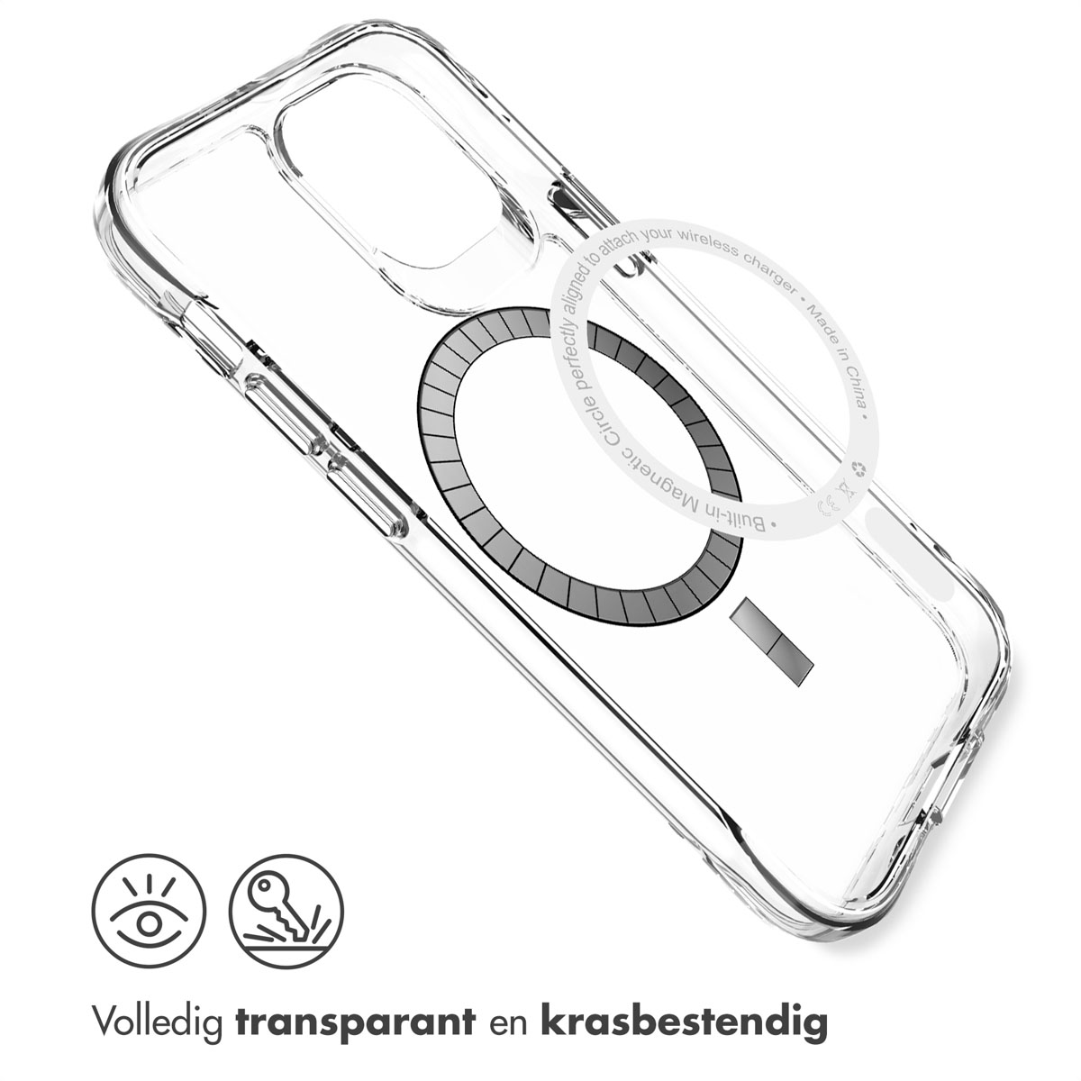 Een transparante telefoonhoes met cirkel voor draadloos opladen. Tekst: volledig transparant en krasbestendig.