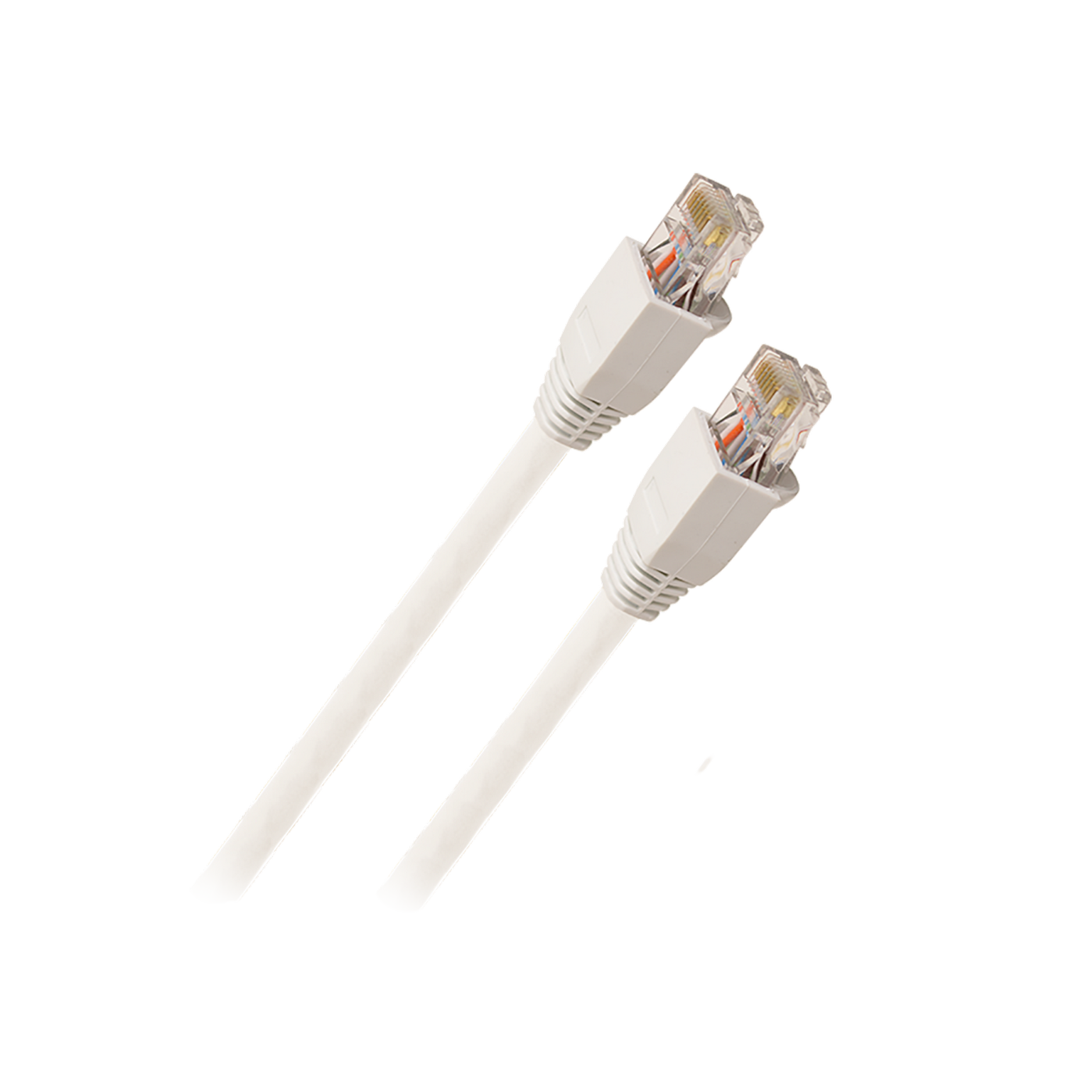 Twee witte netwerkkabels. Elke kabel heeft aan elke kant een connector. Zwarte achtergrond.