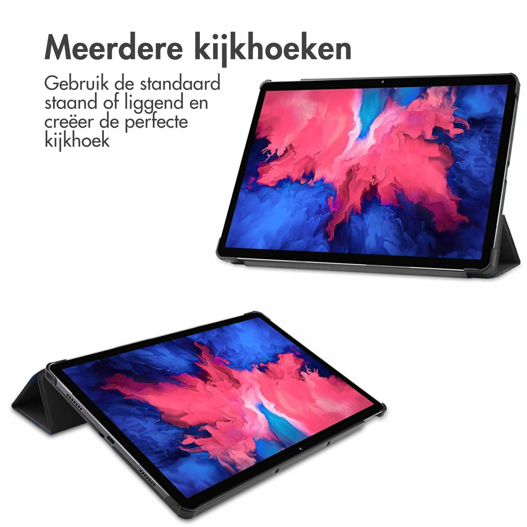 Two tablets in covers, one in a standing position, the other flat. Text in Dutch: multiple viewing angles.