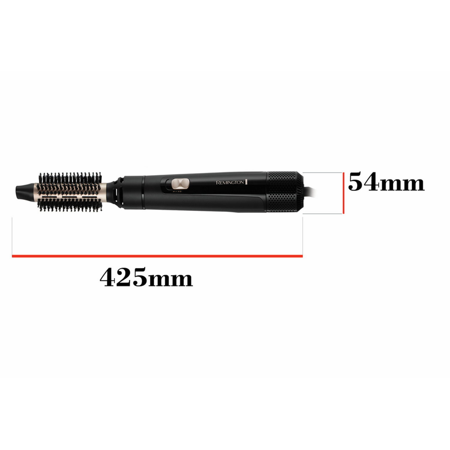 Moldeador de pelo negro con medidas. Muestra 425mm de largo y 54mm de ancho.