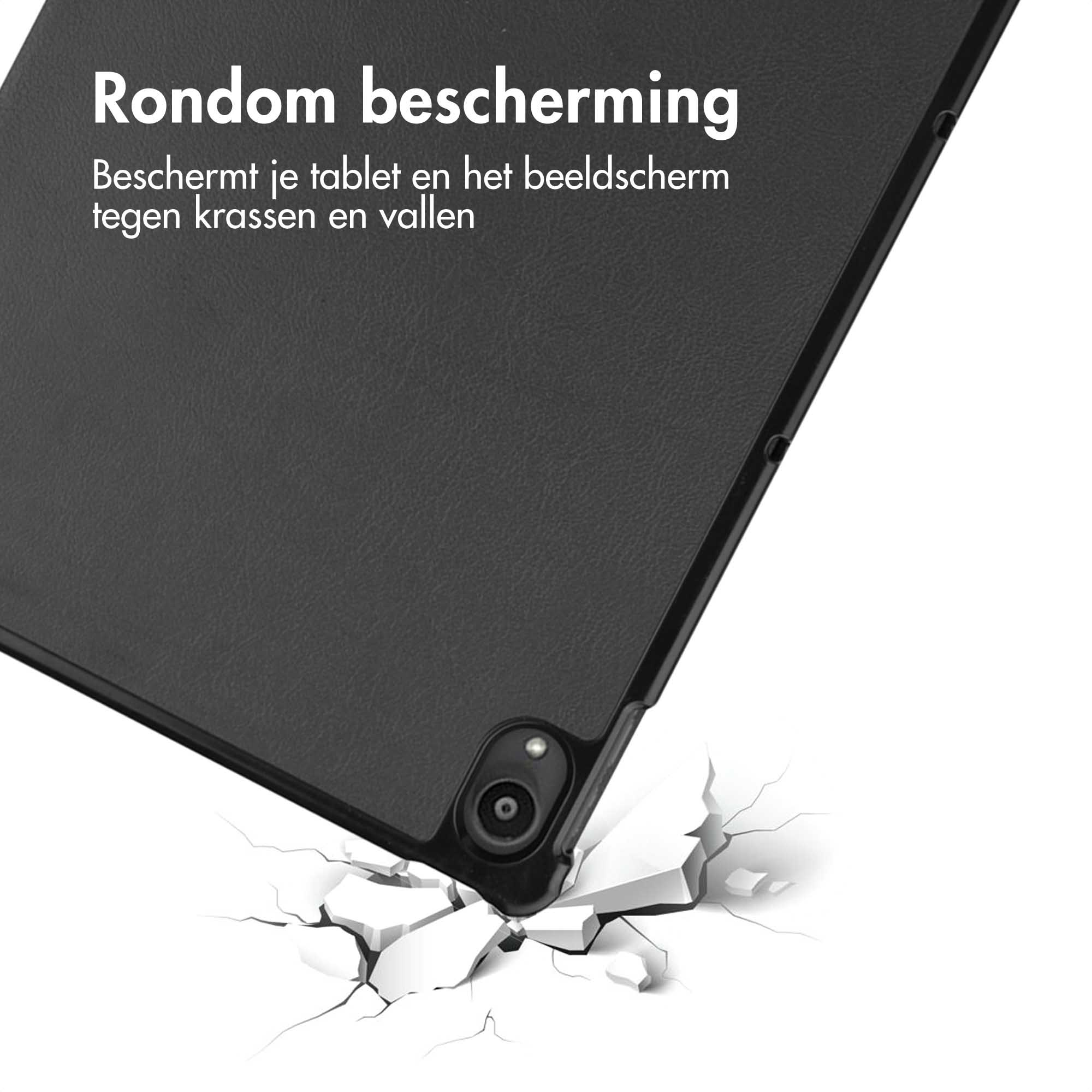 A tablet in a black case falling onto a surface. The case has black edges. The surface is shattered.