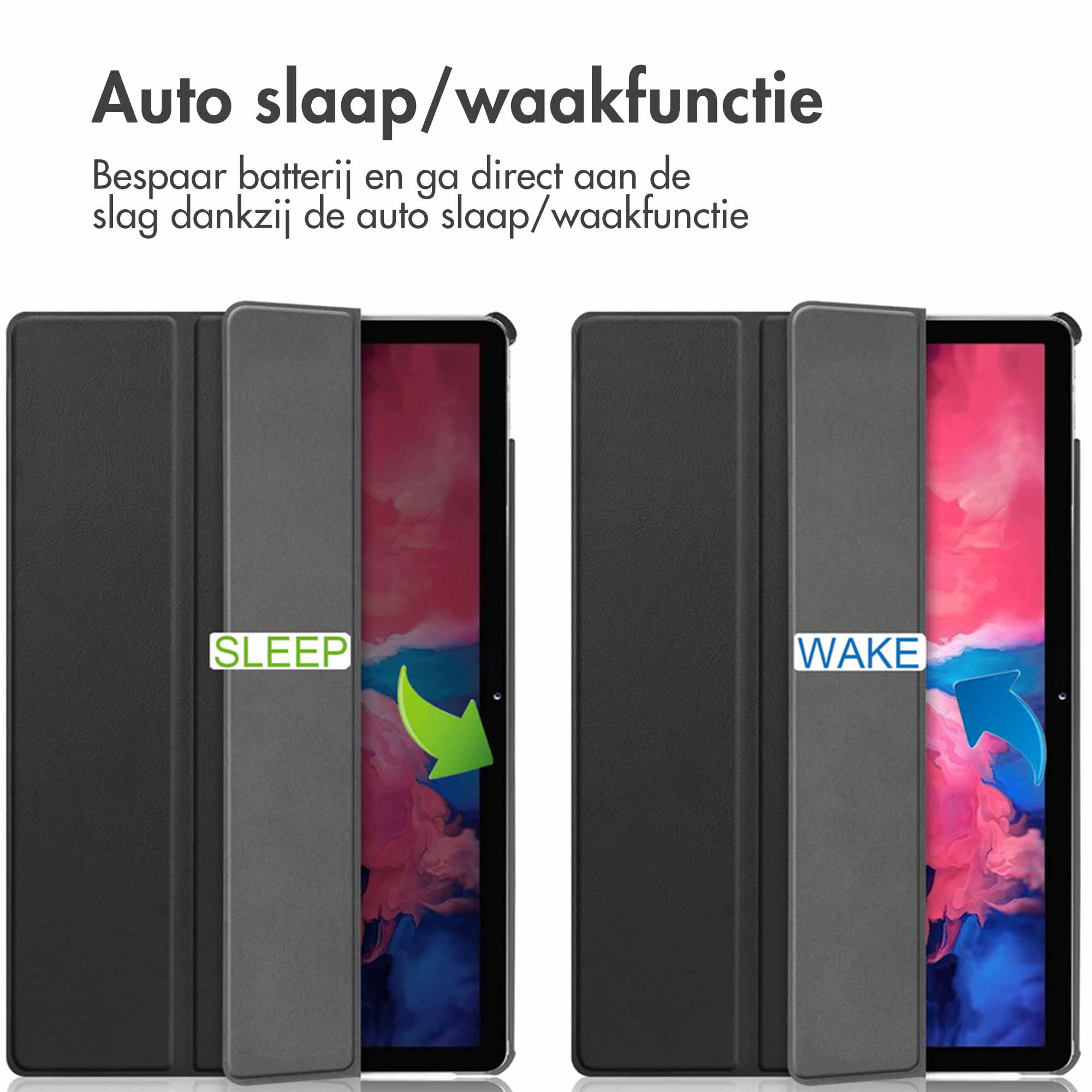 Two tablets in covers with 'SLEEP' and 'WAKE' text, an arrow pointing to the screen.