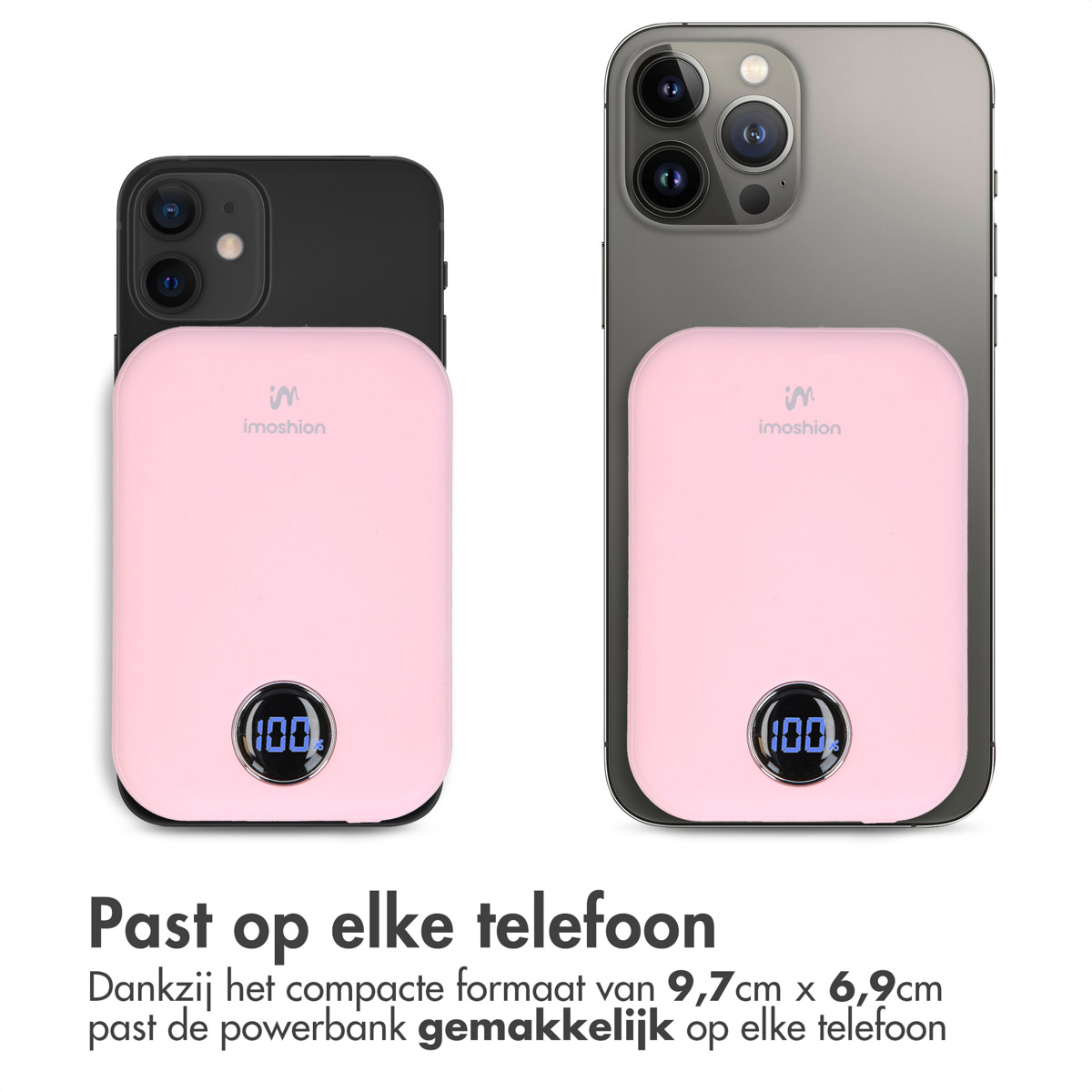 Zwei rosa Powerbanks auf iPhones: Eine zeigt 100% Akku.