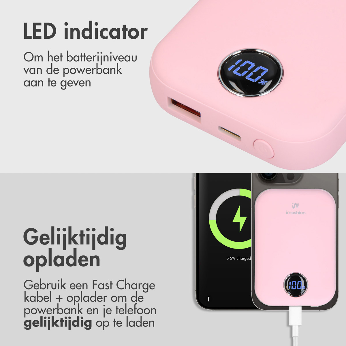 Rosa Powerbank mit 100% Anzeige und Ladebildschirm eines Telefons.
