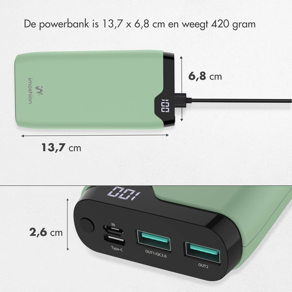 Une power bank vert clair de 13,7 x 6,8 x 2,6 cm, avec indicateur de charge.