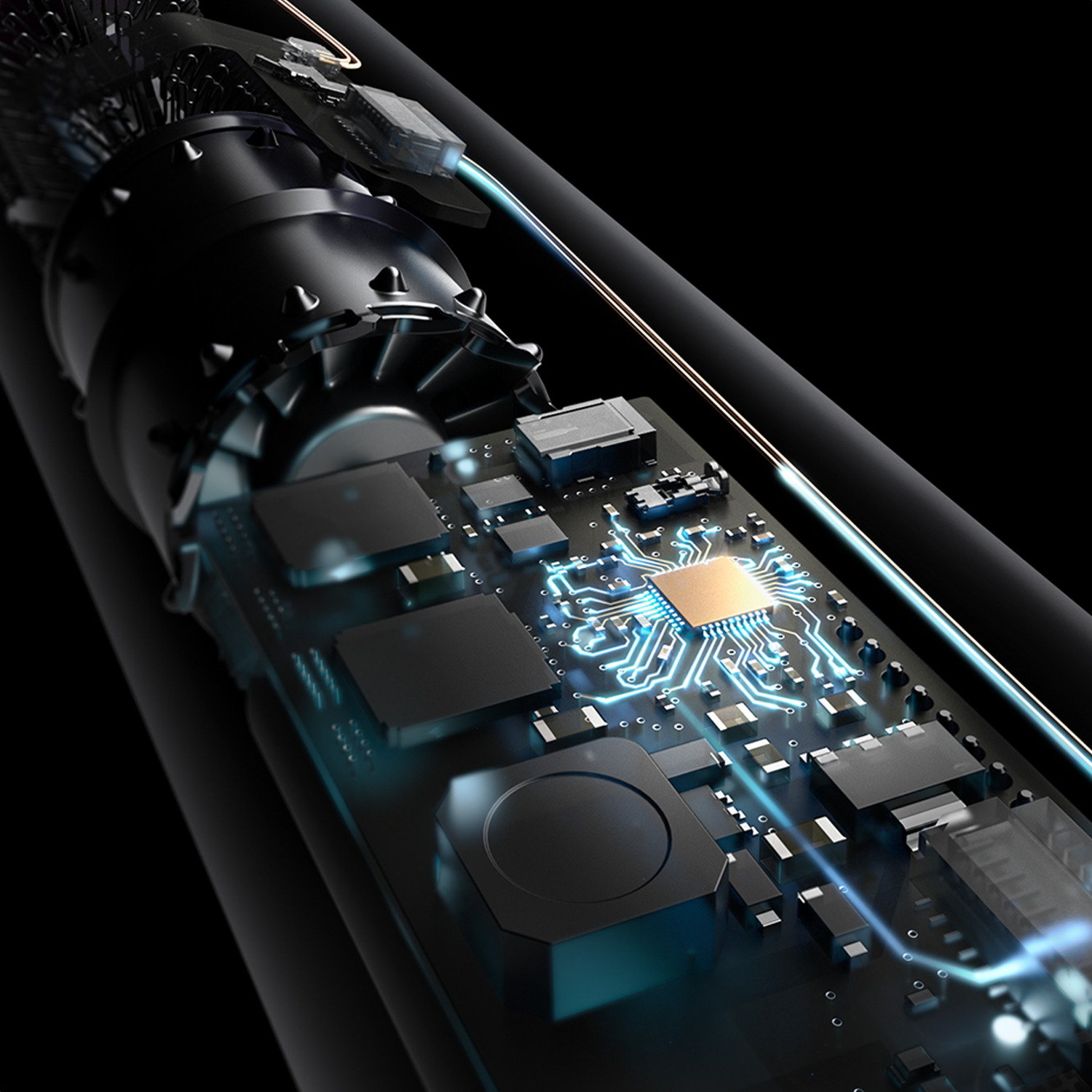 Primo piano dei componenti di un dispositivo elettronico, con un circuito al centro con luci blu.