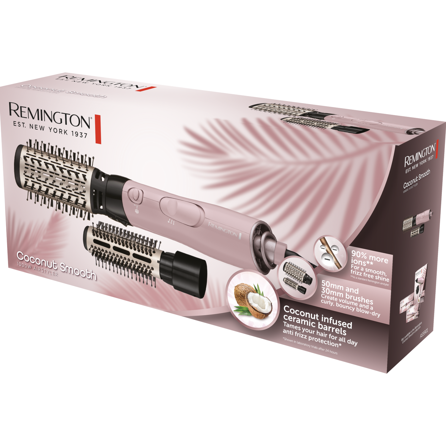 Scatola per styling dei capelli Remington che mostra il prodotto e le sue caratteristiche. Rosa e bianco.