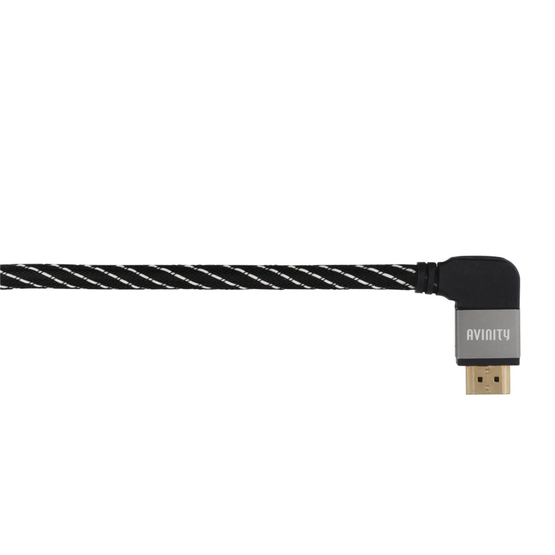 Abgewinkeltes schwarzes und graues Avinity HDMI-Kabel mit Stecker.